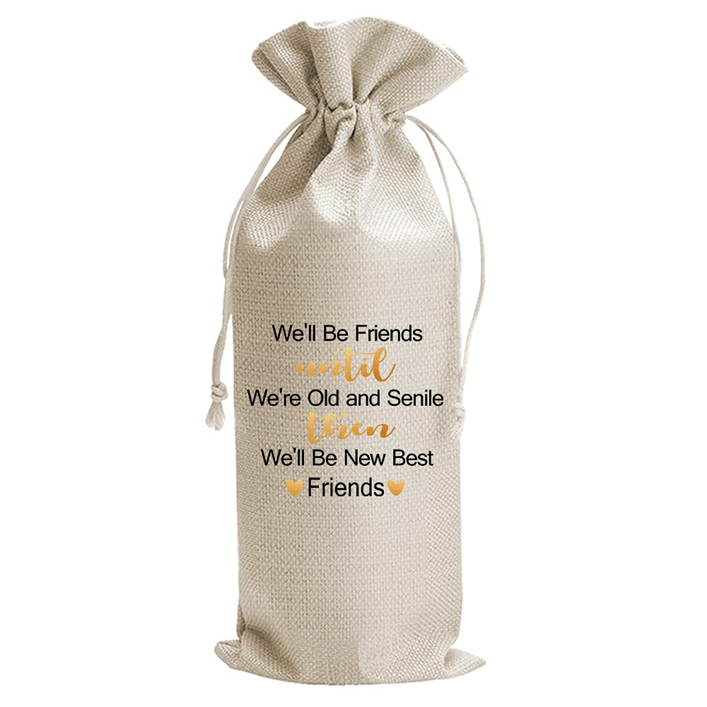 JioJio Chan Best Friend Wine Gift Bags - Funny Personalized Drawstring Burlap Wine Bags for Birthday, Graduation Gifts - Perfect for Bestie Presents, Wine Lovers & Special Occasions