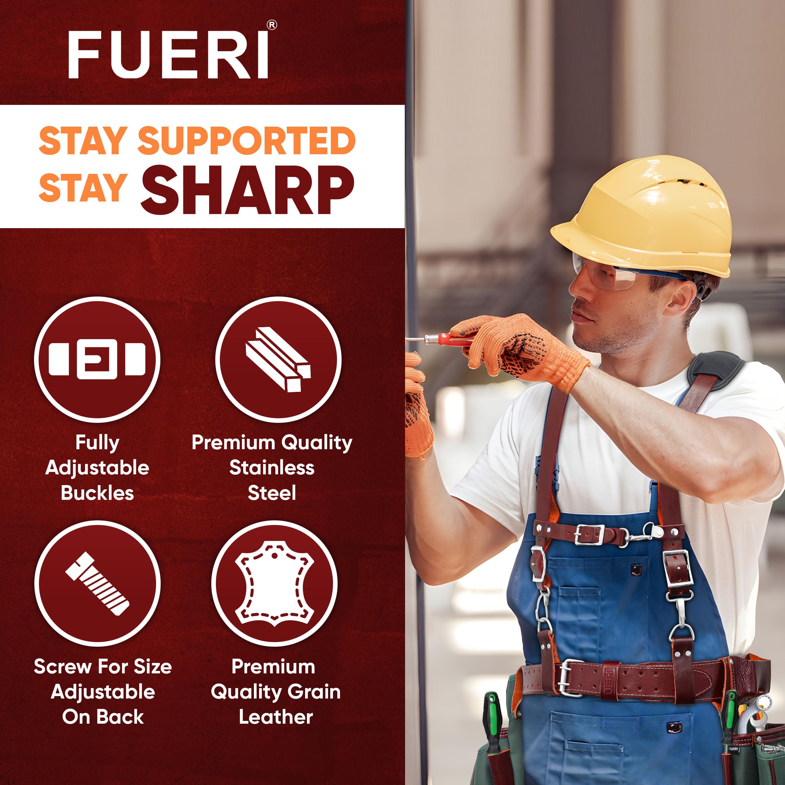 FUERI Tool Belt Suspender with 4 Detachable D-Loops - Heavy Duty Construction Work Belt Suspenders with Adjustable Front Clips | Perfect for Carpenters, Electricians & DIY Home Improvement Projects