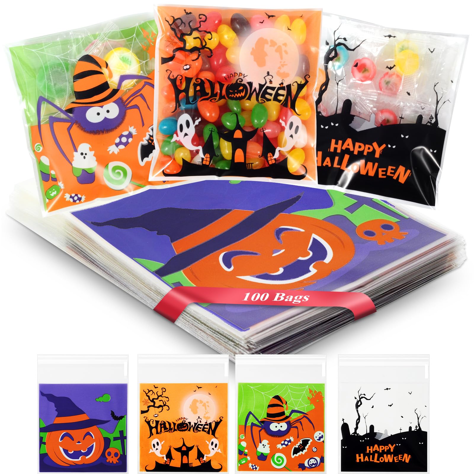 100 Pack 4'' Halloween Treat Bags - Self-Adhesive Small Candy Snake Goodie Bags for Halloween Party Favors, Trick or Treat, Candy & Cookie Packaging - Perfect for Classroom Treats, Halloween Party Decorations & Gift Giving