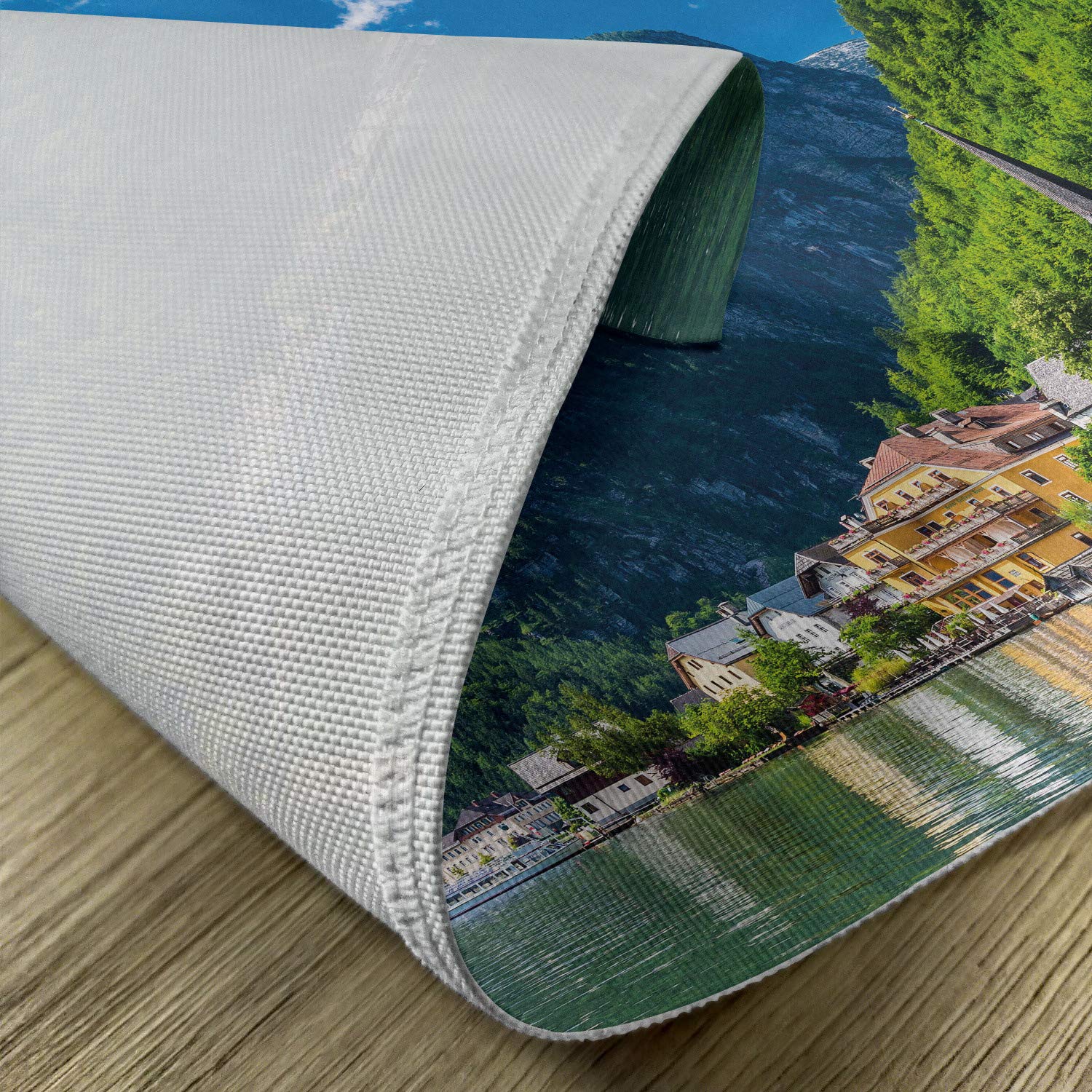 Ambesonne 4-Piece Landscape Placemats Set - Hallstatt Austria Mountain Forest Town Scenery with Blue Sky - Washable Fabric Table Mats for Dining Room & Kitchen Decor in Green, Blue, White | Perfect for Dinner Parties, Holiday Gatherings & Home Decor