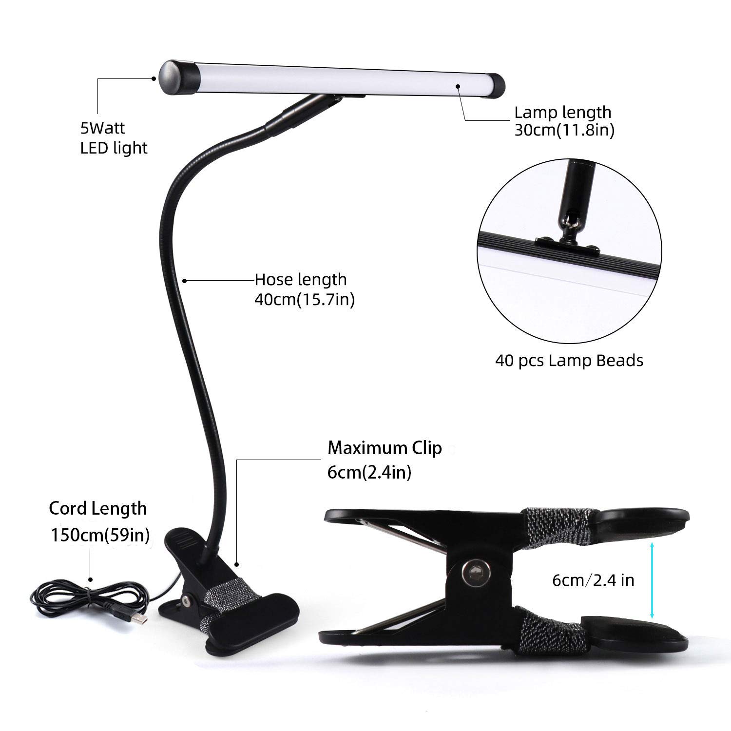 BEIGAON LED Desk Lamp with Clamp - 5W USB Clip Light with 3 Color Modes, Adjustable Gooseneck Reading Light for Bedside, Art Easel, Headboard, Studio, Office & Home Workspace - Black
