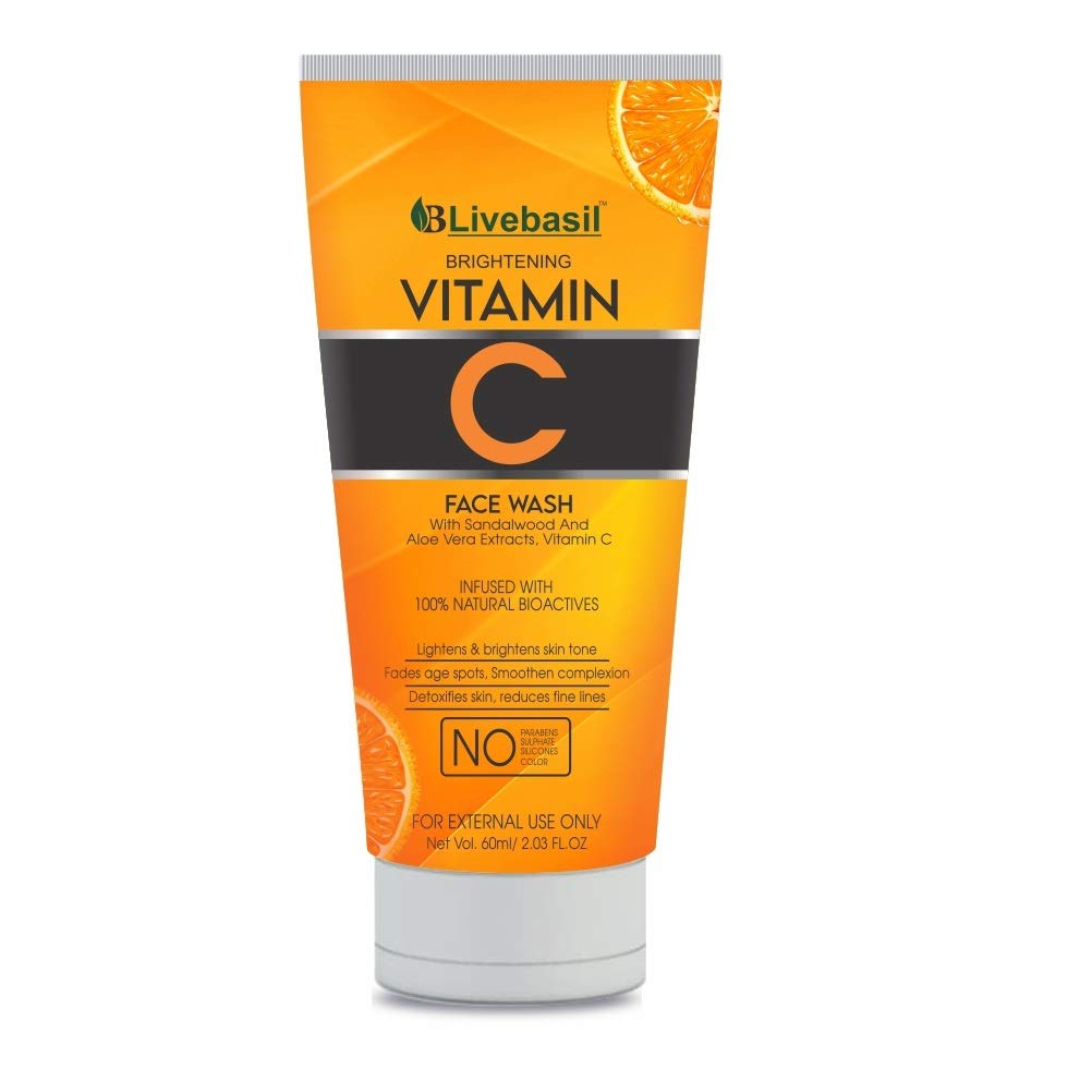Livebasil Vitamin C Face Wash with Sandalwood & Aloe Vera - Brightening & Detoxifying Cleanser for Glowing Skin, 60ml | Gentle Daily Facial Cleanser for All Skin Types | Perfect for Morning & Night Skincare Routine