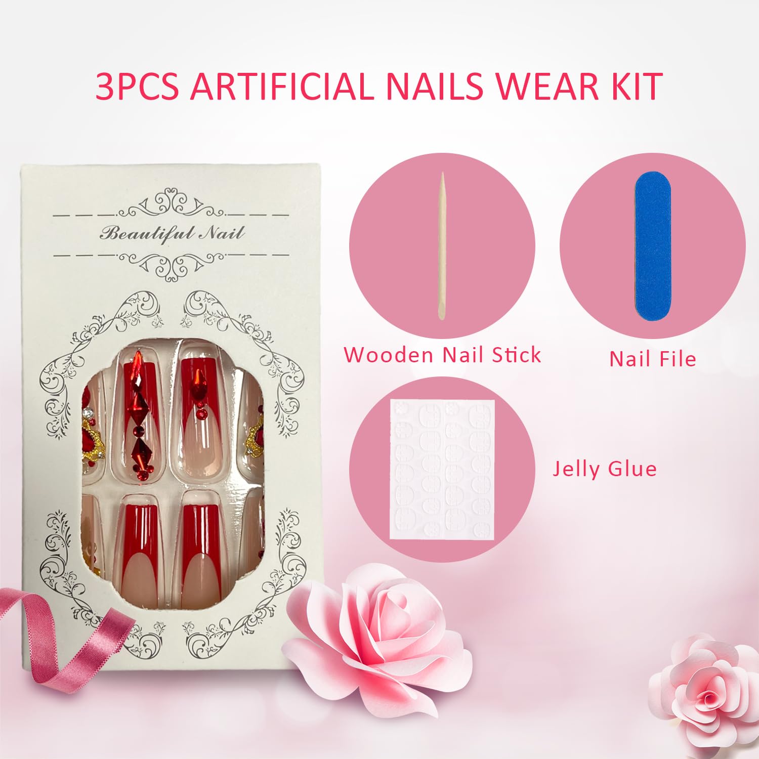 Red French Tip Press on Nails with Rhinestones - 24Pcs Square Long Fake Nails for Women | Reusable Acrylic Stick on Nails | Full Cover False Nails for Parties, Weddings & Special Occasions