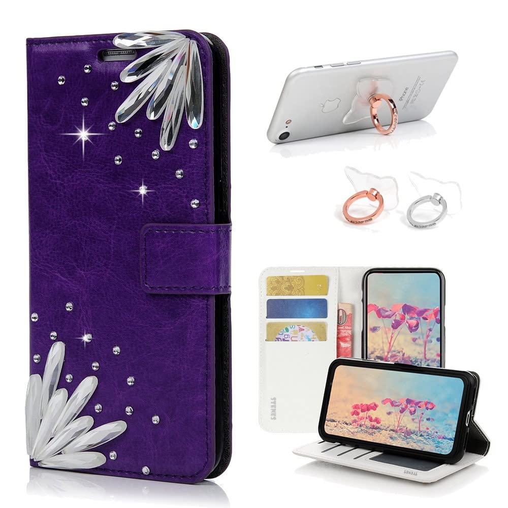 STENES Bling Wallet Phone Case for OnePlus 7T - 3D Handmade Rhinestone Leather Cover with Ring Stand Holder [2 Pack] - Purple Glitter Phone Wallet Case - Perfect for Parties, Dating & Everyday Use