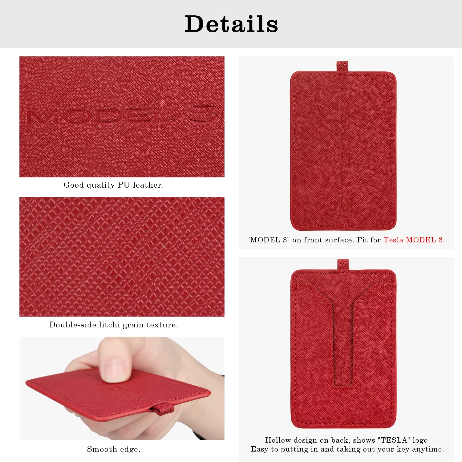 QBUC Premium PU Leather Tesla Key Card Holder Cover Case Protector with Keychain - Compatible with Tesla Model 3 Accessories (Red) - Protect Your Key Card from Scratches & Damage for Daily Use & Travel