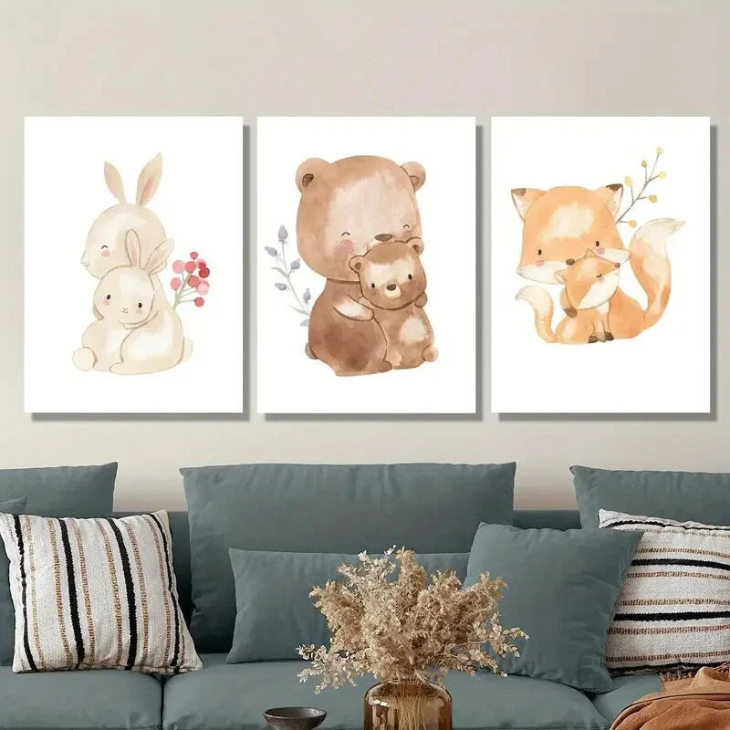 3-Piece Adorable Watercolor Animal Illustrations Metal Print - Ready to Hang Wall Art Decor for Nursery, Kids Room & Home Office