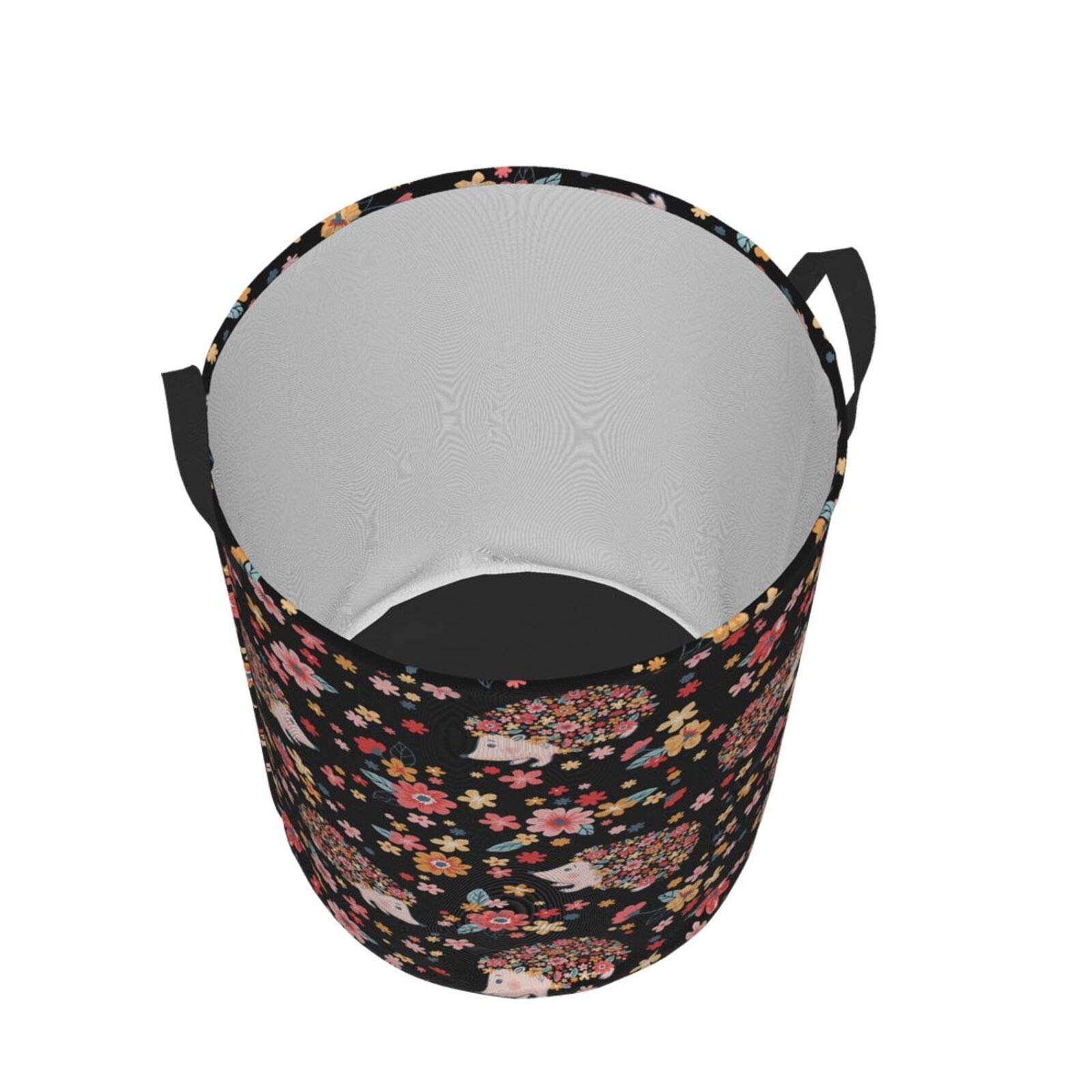 Stylish Black Collapsible Laundry Basket with Cute Hedgehog & Flower Design - Waterproof Fabric Hamper with Handles for Clothes, Toys Storage - Perfect for Bedroom, Bathroom & Kids Room Organization