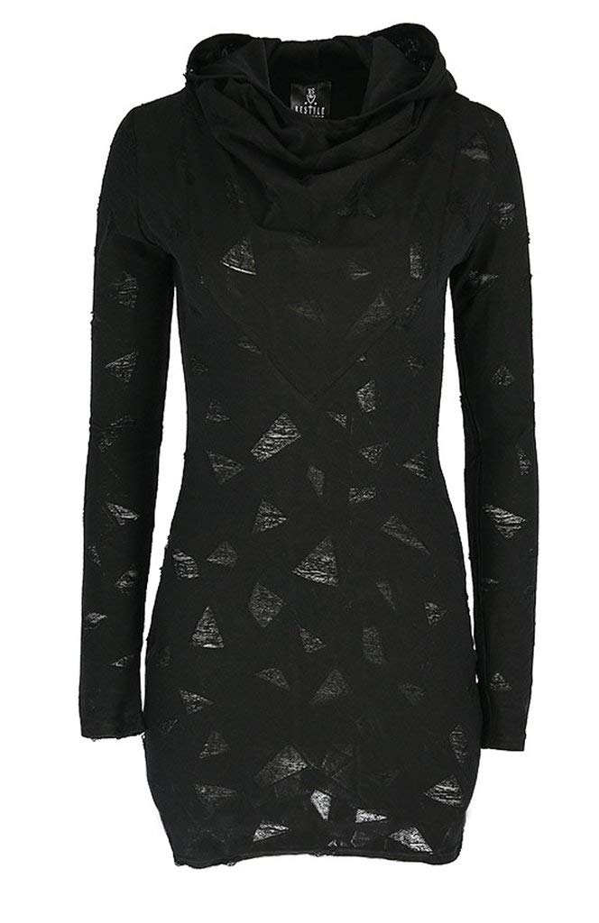 Gothic Black Hooded Ripped Dress - Edgy Long Sleeve Distressed Cotton Dress for Women | Perfect for Halloween, Concerts & Alternative Fashion