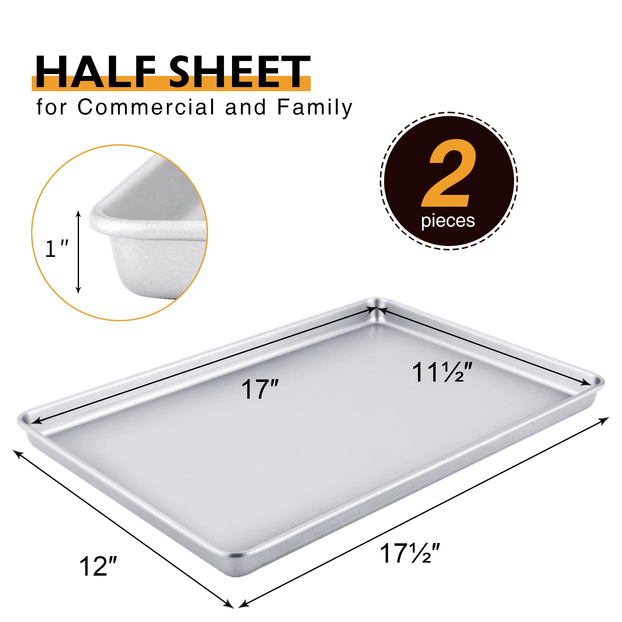 HONGBAKE 2-Pack Nonstick Half Baking Sheet Pan Set - Heavy Duty Commercial Cookie Trays for Oven, Dishwasher Safe, Silver | Perfect for Baking Cookies, Roasting Veggies & Meal Prep