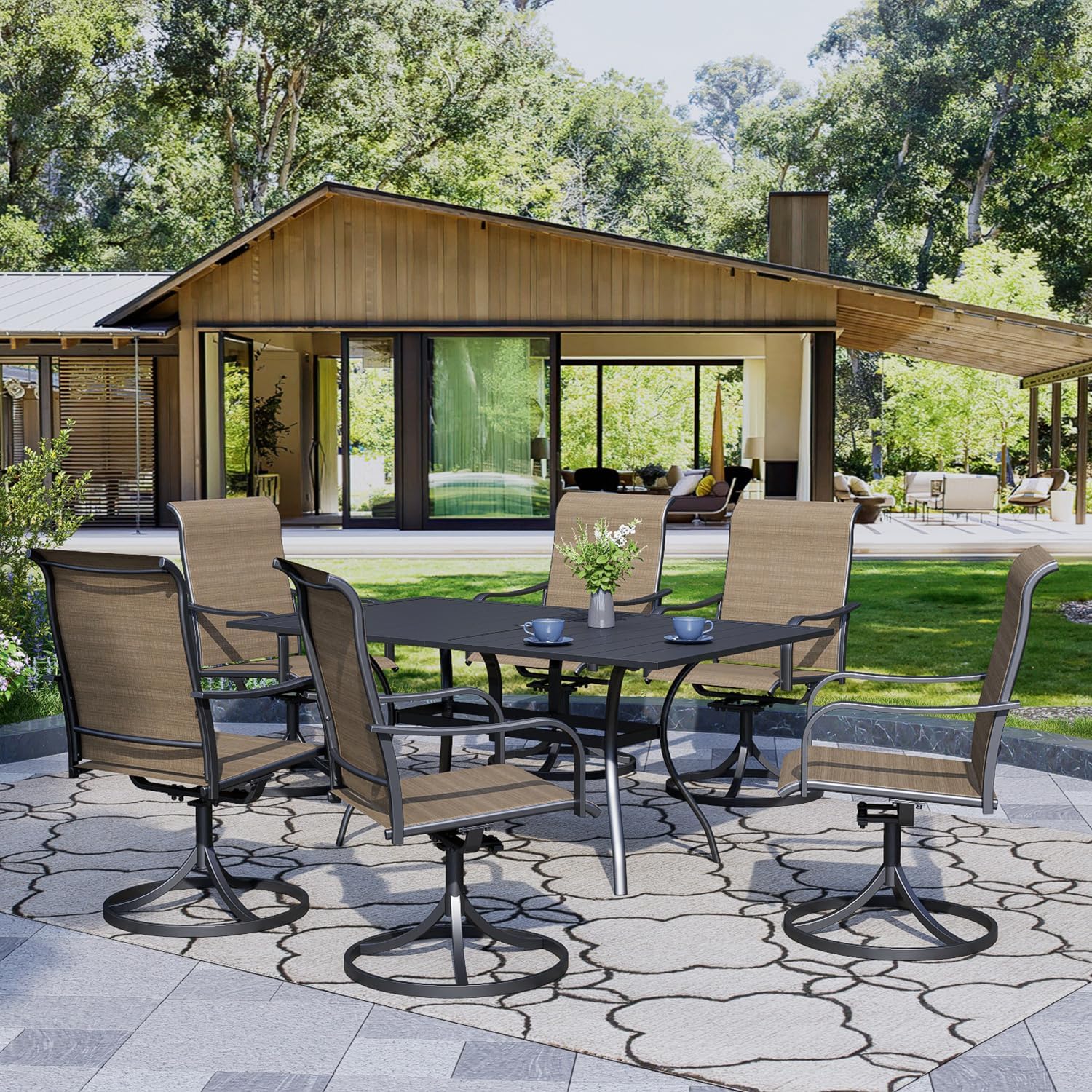 6-Person Outdoor Rectangle Dining Table with Umbrella Hole - Durable Metal Steel Picnic Table for Backyard, Garden, Poolside & Patio - Perfect for BBQs, Parties & Outdoor Entertaining (Black)