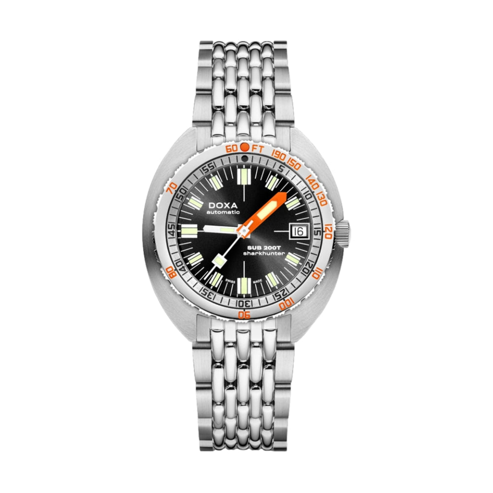 SUB 200T Sharkhunter 39mm Men's Diver Watch - Sunray Black Dial with Stainless Steel Bracelet - Waterproof Professional Dive Watch for Swimming, Snorkeling & Water Sports