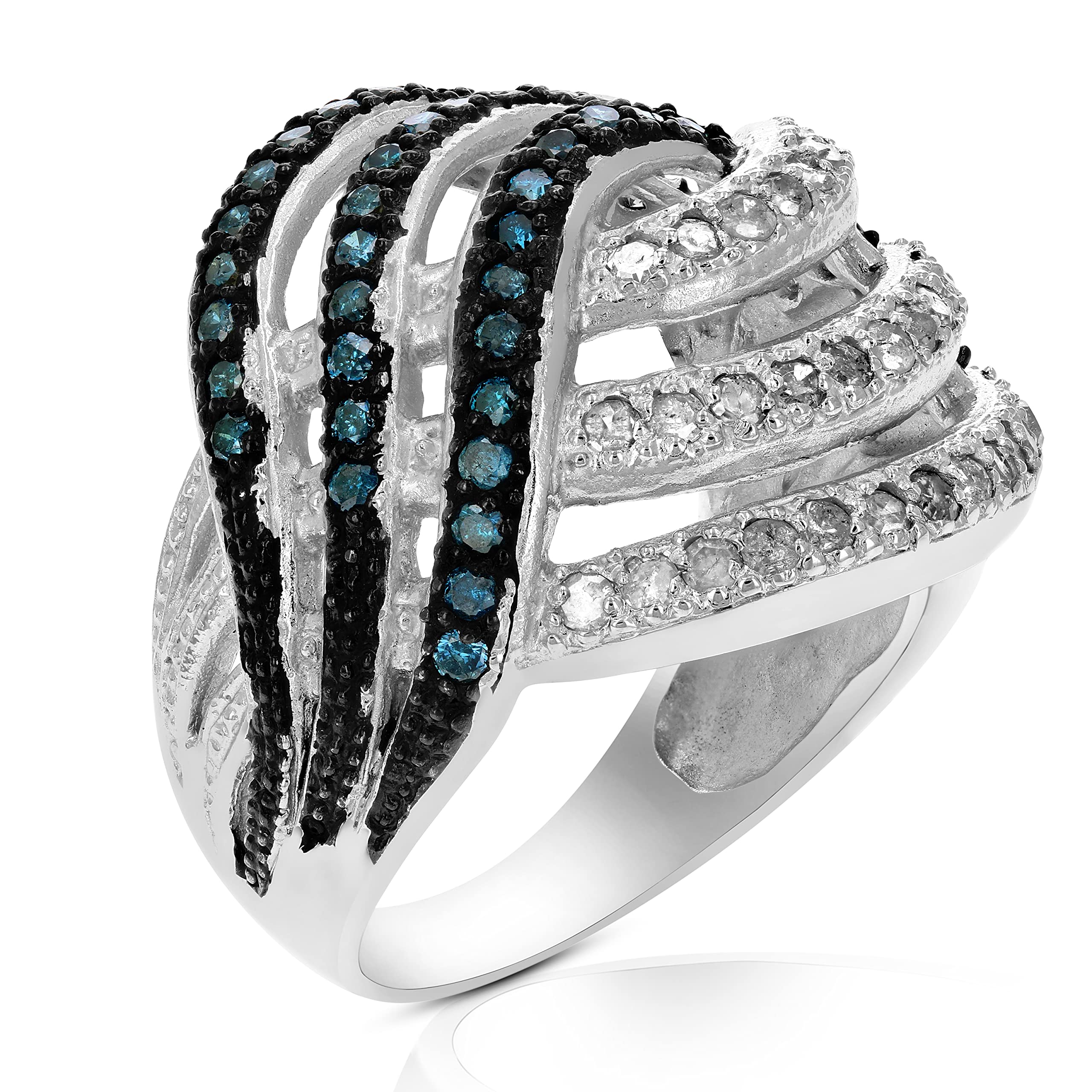1.25 CTTW Blue & White Diamond Cocktail Ring - .925 Sterling Silver Size 7 - Elegant Jewelry for Parties, Weddings & Special Occasions