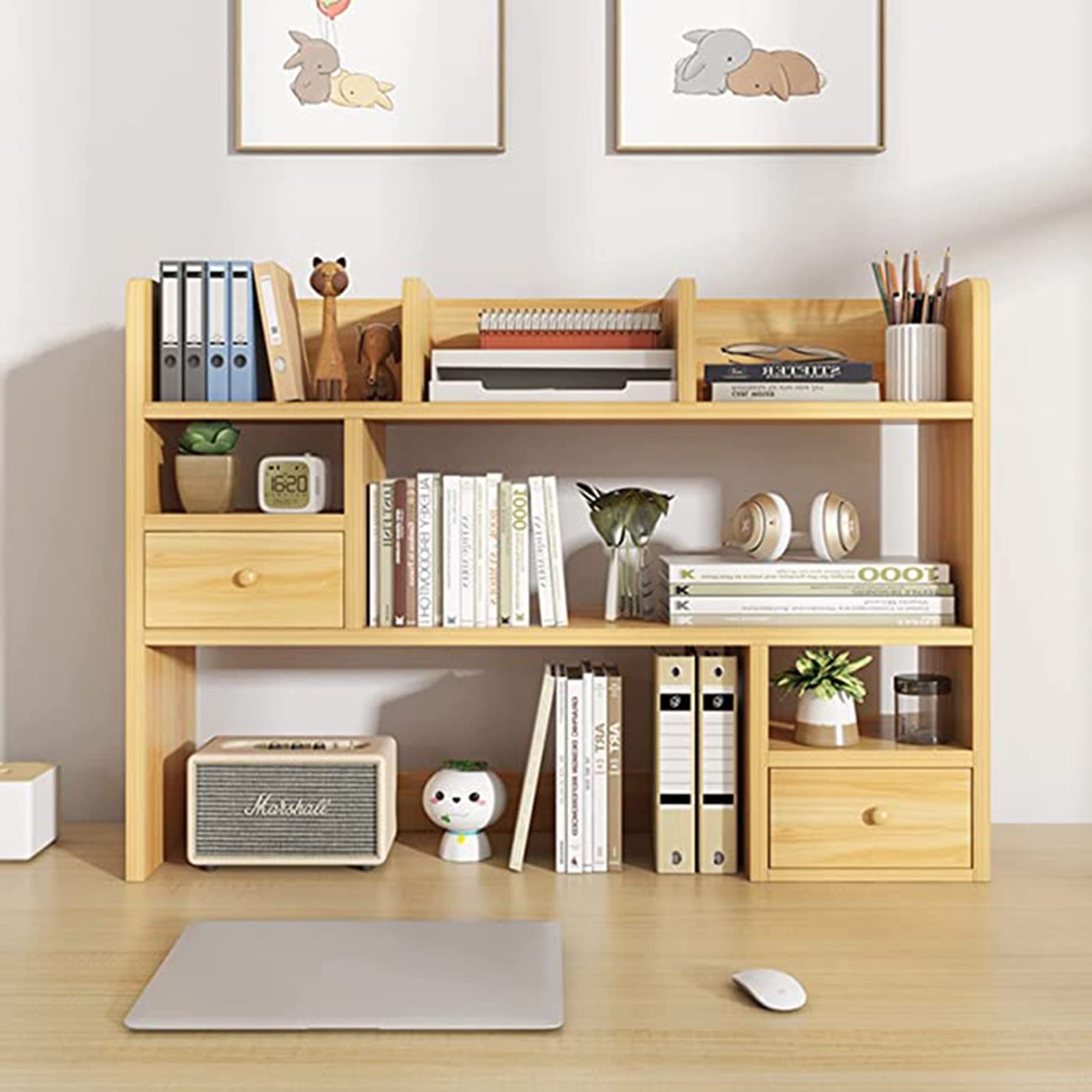 Wooden Desktop Bookshelf with 2 Drawers - Office Storage Organizer for Books, Files & Supplies | Perfect for Home Office, Study Desk & Workspace Organization