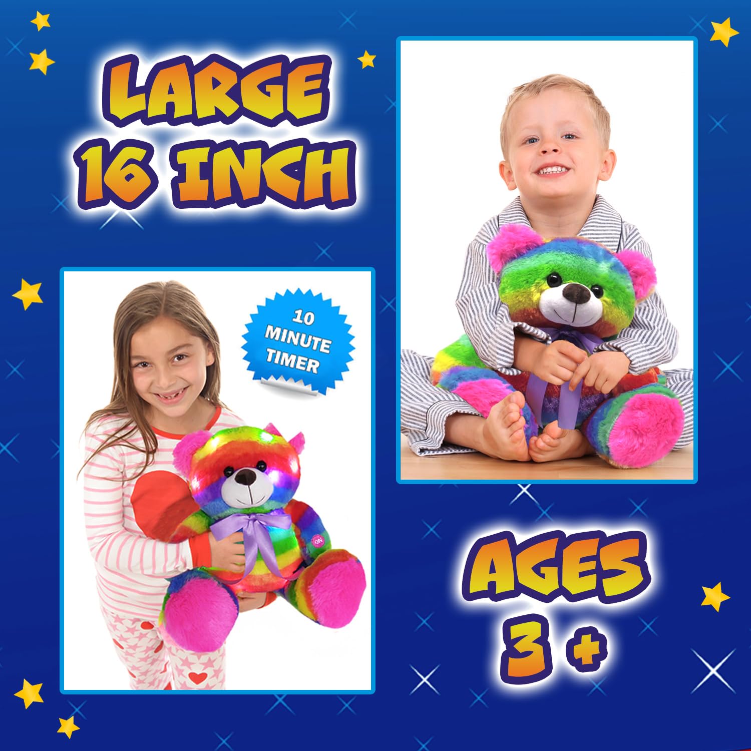 Rainbow LED Light Up Teddy Bear Plush Toy - 16 Inch Soft Stuffed Animal with Glow Effects, Batteries Included - Perfect Night Light & Cuddly Sleep Companion for Kids, Girls Bedroom Decor & Gift Idea