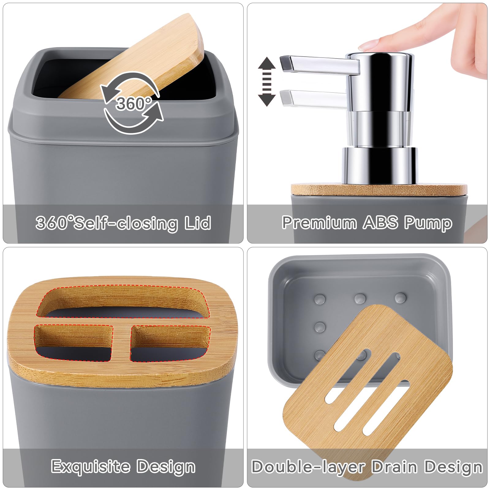 9-Piece Grey Bathroom Accessories Set - Toothbrush Holder, Soap Dispenser, Trash Can & More | Modern Bathroom Decor for Home, Apartment, Hotel (Toothbrush Cup, Vanity Tray, Soap Dish, Toilet Brush, Qtip Holder Included) - Perfect for Guest Bathrooms & Spa-Style Showers