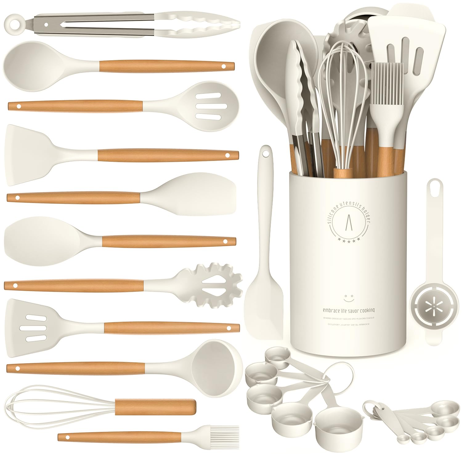 Premium Silicone Cooking Utensils Set - 5-Piece Heat Resistant Kitchen Tools with Wooden Handles (446°F Safe) - BPA Free Spatula, Turner & Spoon for Non-Stick Cookware - Cream White - Perfect for Baking, Frying & Everyday Cooking