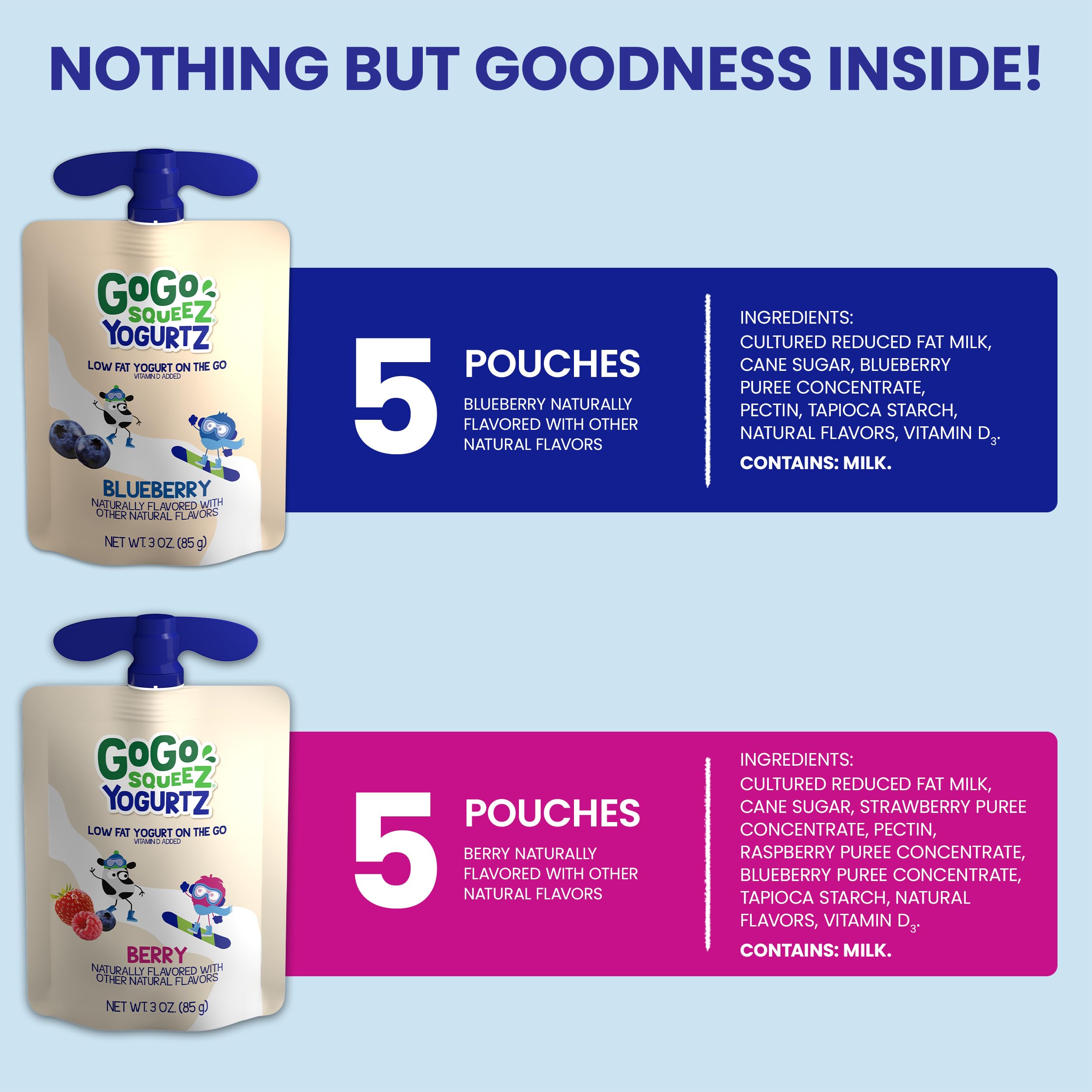 GoGo squeeZ YogurtZ Variety Pack - Berry & Blueberry Flavored, 3 oz (10 Pouches) | Healthy Kids Snacks Made with Real Yogurt & Fruit | No Refrigeration Needed, Gluten Free, Kosher Certified, No Preservatives | Perfect for School Lunches, Road Trips & On-the-Go Snacking