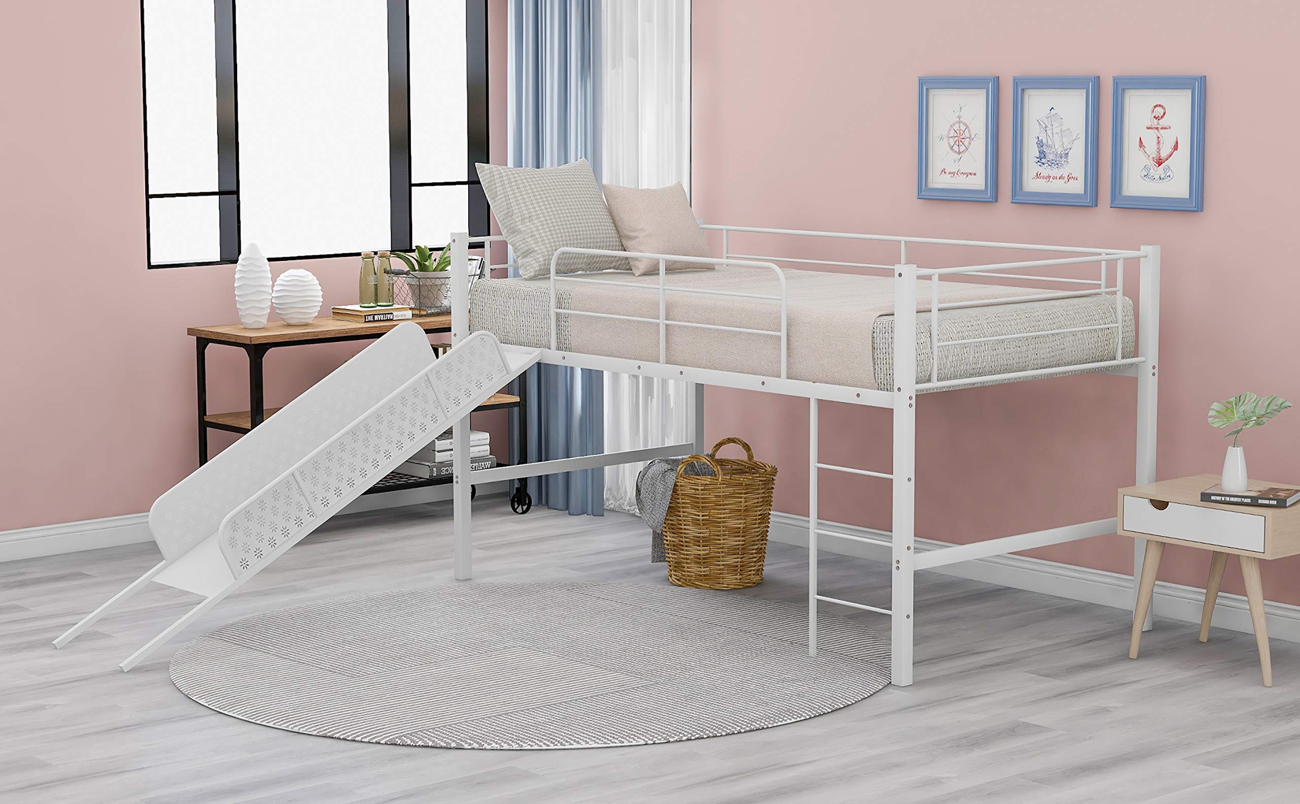 **Twin Loft Bed for Kids - Sturdy Metal Low Loft Bed with Built-in Ladder & Safety Guard Rail, Multifunctional Design with Slide, No Box Spring Required (White) - Perfect for Small Bedrooms & Playrooms**
