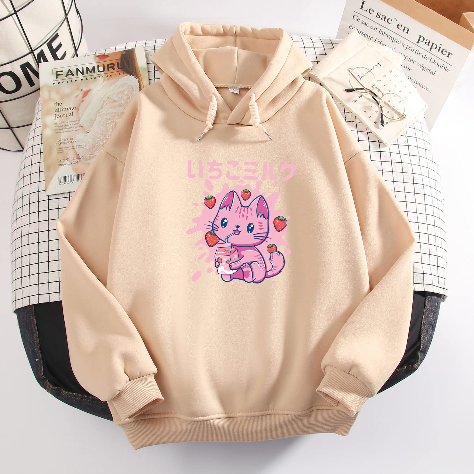 KEEVICI Women's Kawaii Strawberry Milk Cat Hoodie - Cute Japanese Style Long Sleeve Drop Shoulder Sweatshirt for Plus Size | Casual Outfit, Streetwear, Anime Cosplay, Loungewear