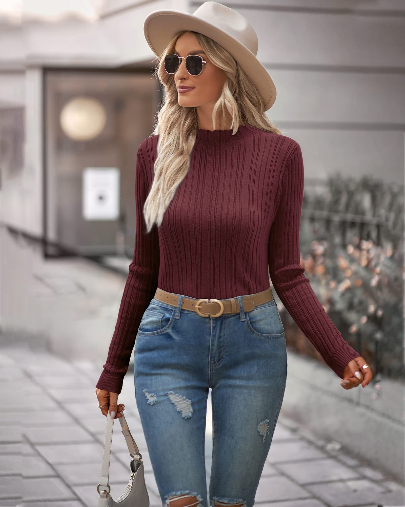 OUGES Women's 2024 Spring Summer Slim Fit Turtleneck Sweater Tops - Basic Business Casual T-Shirts for Office, Work & Everyday Wear