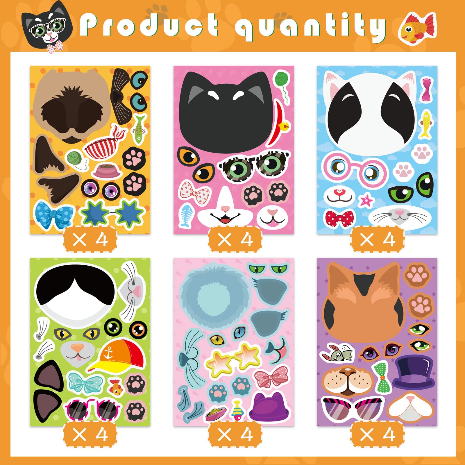 DUJAA 24 Sheets DIY Cat Face Stickers - Create Your Own Cat Stickers, Fun Animal Stickers for Kids, Birthday Party Favors, Teacher Art Crafts, School Activity Rewards - Perfect for Classroom Games, Birthday Decorations & Creative Play