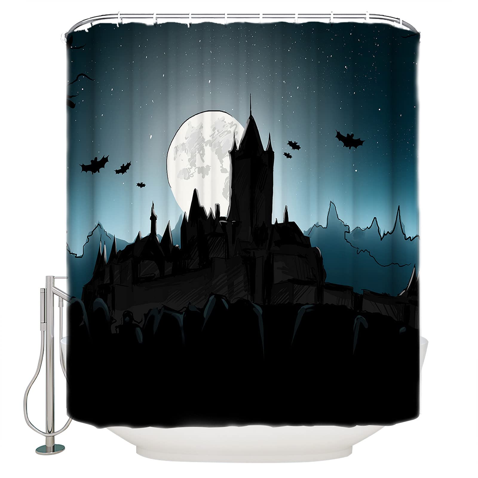 Waterproof Halloween Shower Curtain - Horror Castle Moon Night Design for Bathroom & Bathtub - 72x78 Inch Shower Curtain Set with Hooks - Perfect for Spooky Home Decor & Halloween Party Decorations