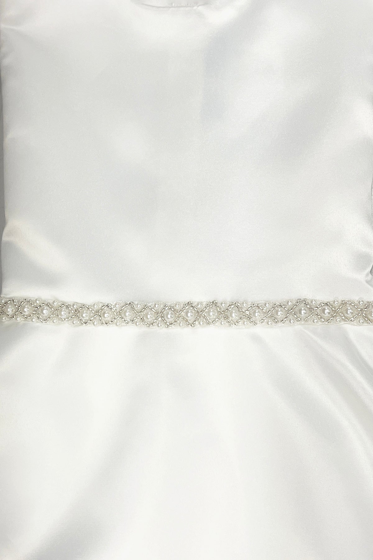 Big Girls White A-Line Satin Communion Dress with Pearl Trim - Sizes 8-16 for First Holy Communion & Special Occasions