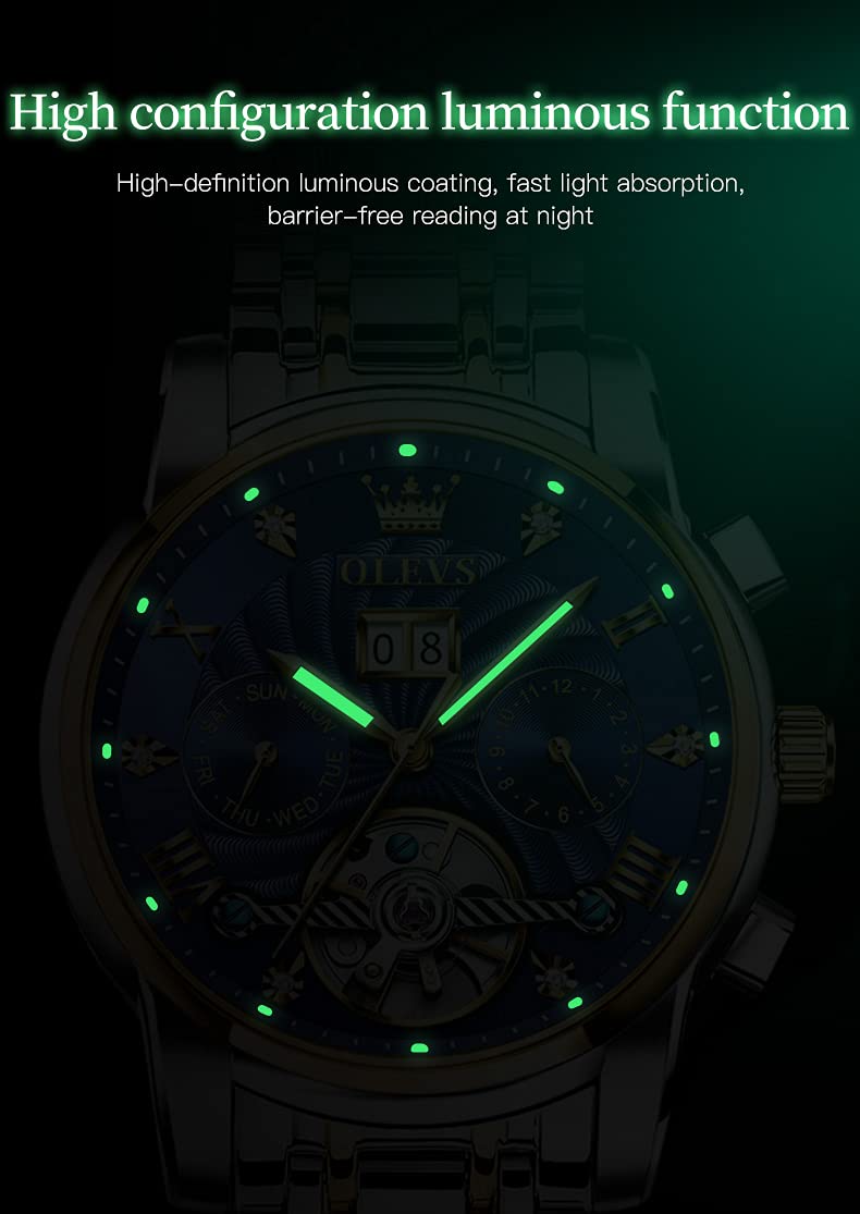 OLEVS Automatic Gold Watches for Men - Luxury Classic Stainless Steel Calendar Luminous Waterproof Watch - Perfect for Business, Formal Events & Everyday Wear