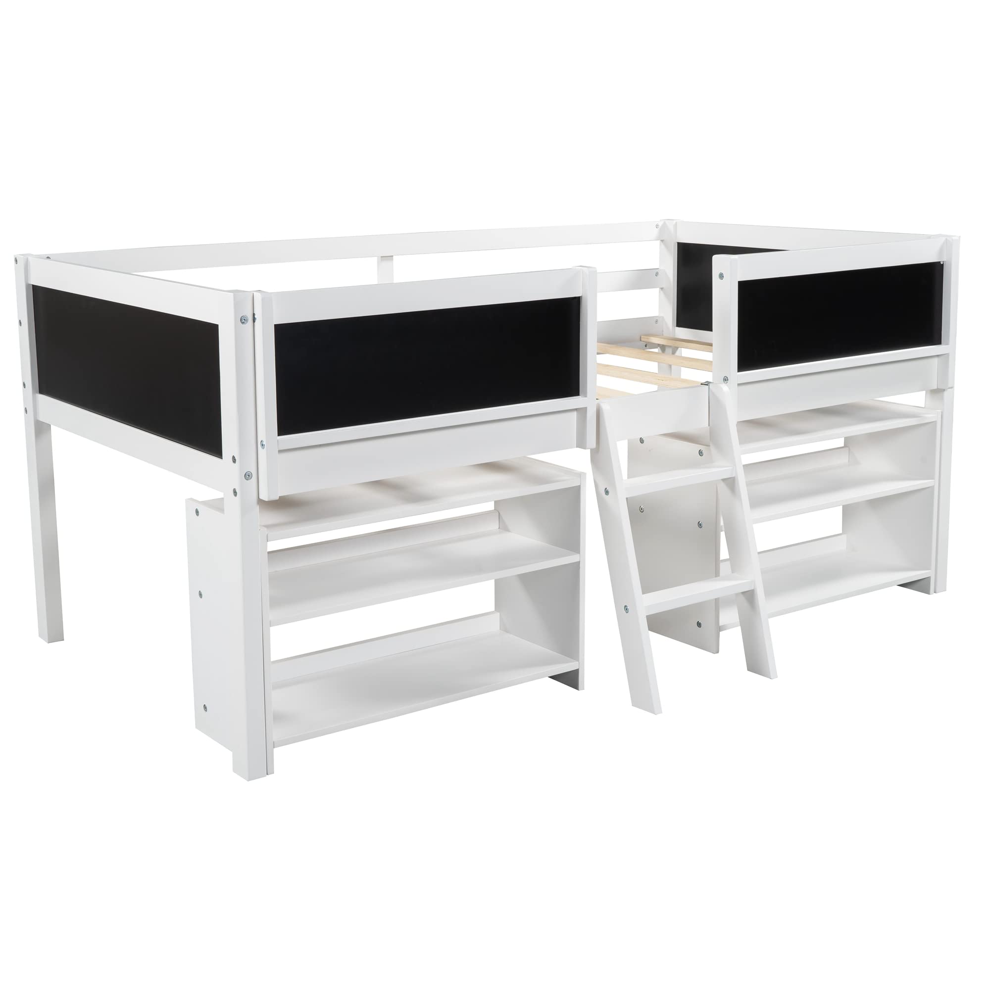 Merax Twin Size Low Loft Bed with Solid Wood Frame, Decorative Guardrail & Chalkboard - White Loft Bed with 2 Movable Shelves & Ladder - Perfect for Kids' Bedroom, Dorm Room & Small Space Living