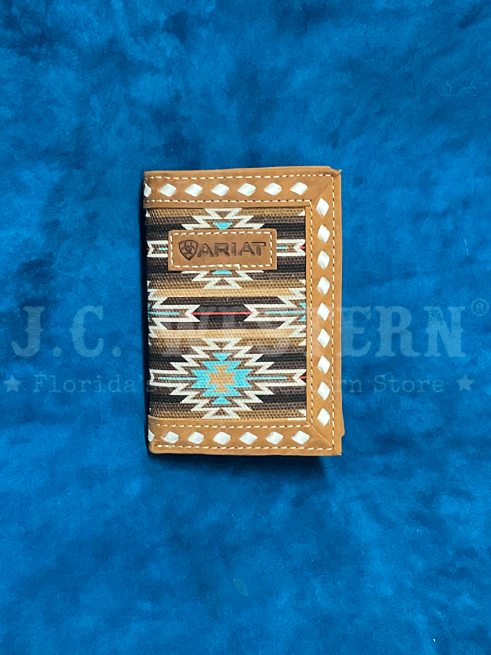 Ariat A3559202 Men's Southwestern Diamond Lacing Trifold Leather Wallet - Brown Cowhide Bifold Wallet for Men - Perfect for Everyday Carry, Travel & Western Style Fashion
