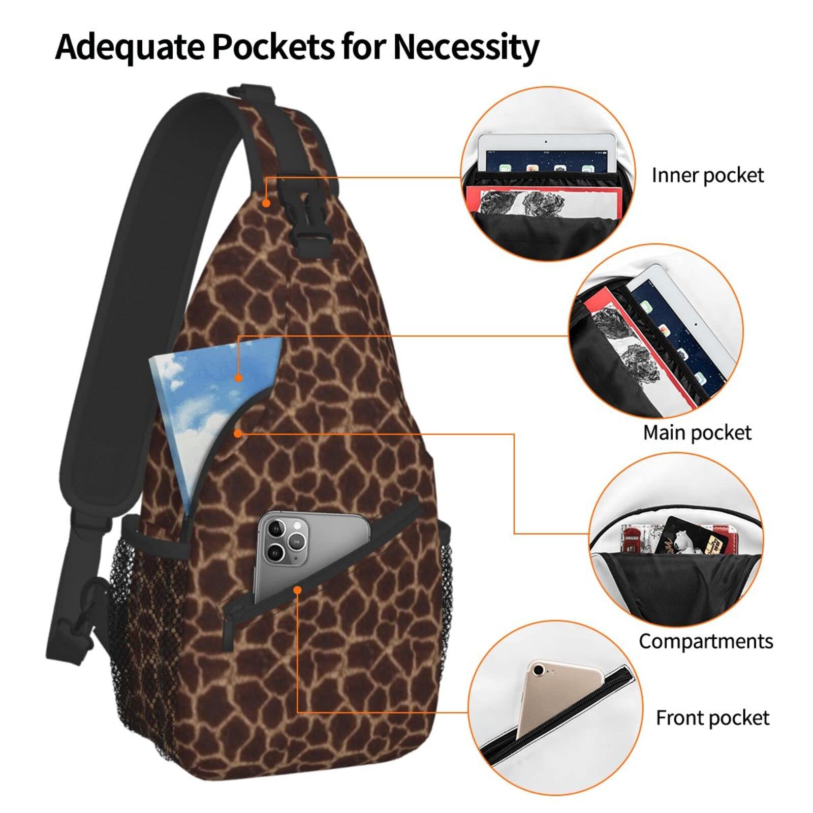 AMRANDOM Giraffe Print Sling Bag - Brown & Red Pattern Crossbody Shoulder Bag for Women & Men - Perfect for Outdoor Travel, Hiking & Daily Commute