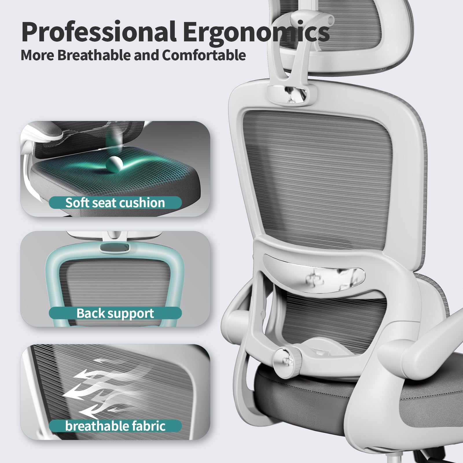 Ergonomic Office Chair with High Back & Mesh - 330 LBS Weight Capacity, Rolling Wheels for Home & Gaming - Comfortable Desk Chair for Long Hours Work (White) - Perfect for Home Office, Gaming Setup & Workspaces
