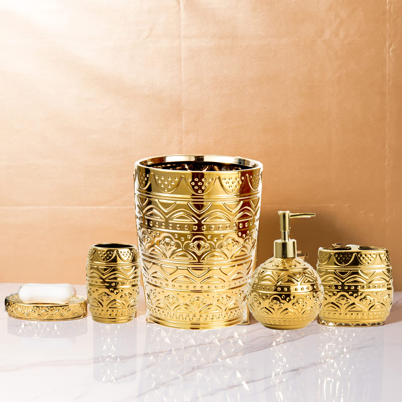 5-Piece Gold Ceramic Bathroom Accessories Set - Toothbrush Holder, Cup, Soap Dispenser, Soap Dish & Trash Can - Elegant Home Decor for Modern Bathrooms