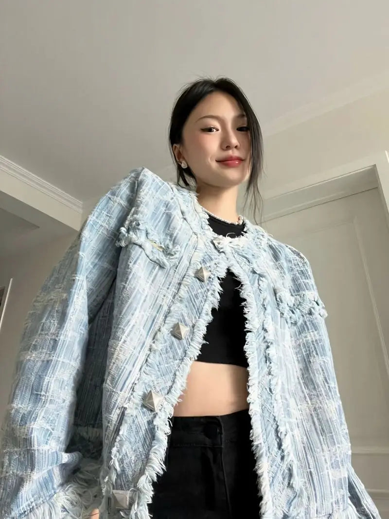 Women's Blue Denim Jacket - American Street Style Oversized Coat for Fall & Winter | Fashionable & Versatile Outerwear for Casual Wear, Layering & Street Fashion