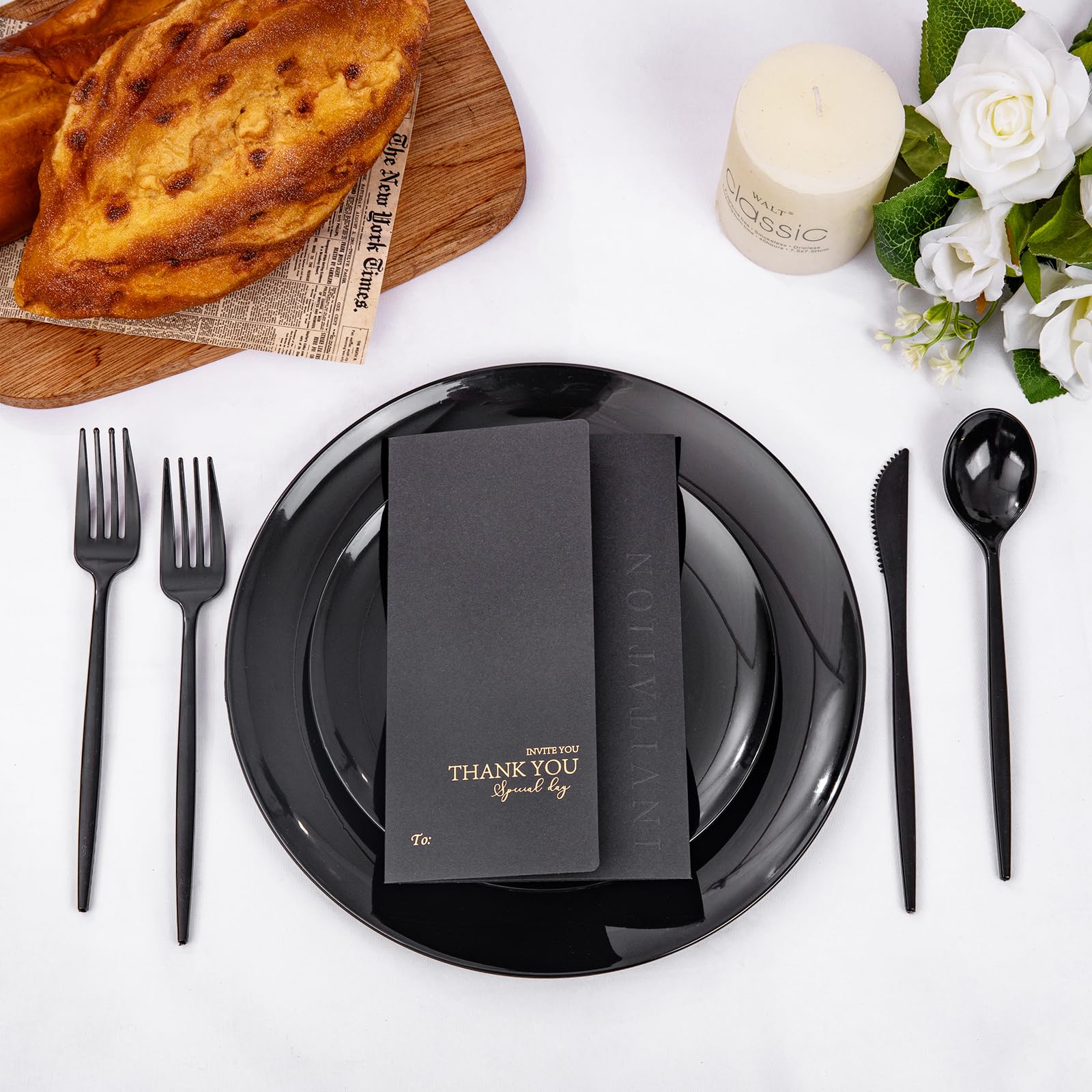 PULOTE 150-Piece Heavy Duty Black Plastic Silverware Set - Disposable Cutlery Kit with 50 Forks, 50 Spoons & 50 Knives - Durable Plastic Utensils for Parties, Weddings, Picnics, BBQ, Catering, Events & Holiday Gatherings - Perfect for Outdoor Dining, Family Reunions & Office Luncheons