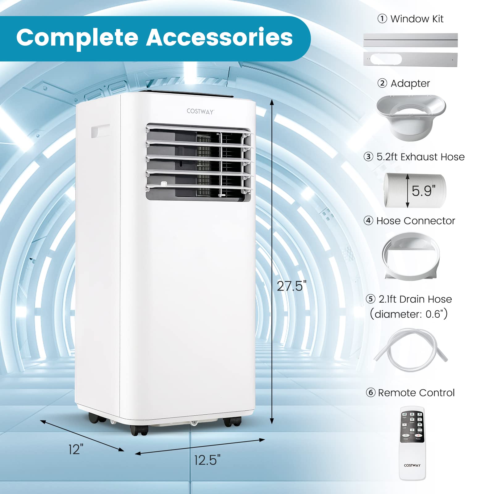 COSTWAY 10000 BTU Portable Air Conditioner - 3-in-1 AC Unit with Fan & Dehumidifier, Sleep Mode, 24H Timer, LED Display, Child Lock, Remote Control & Window Kit - Ideal for Bedroom, Office, Dorm Room Cooling | Energy Efficient & Quiet Operation for Home & Small Spaces