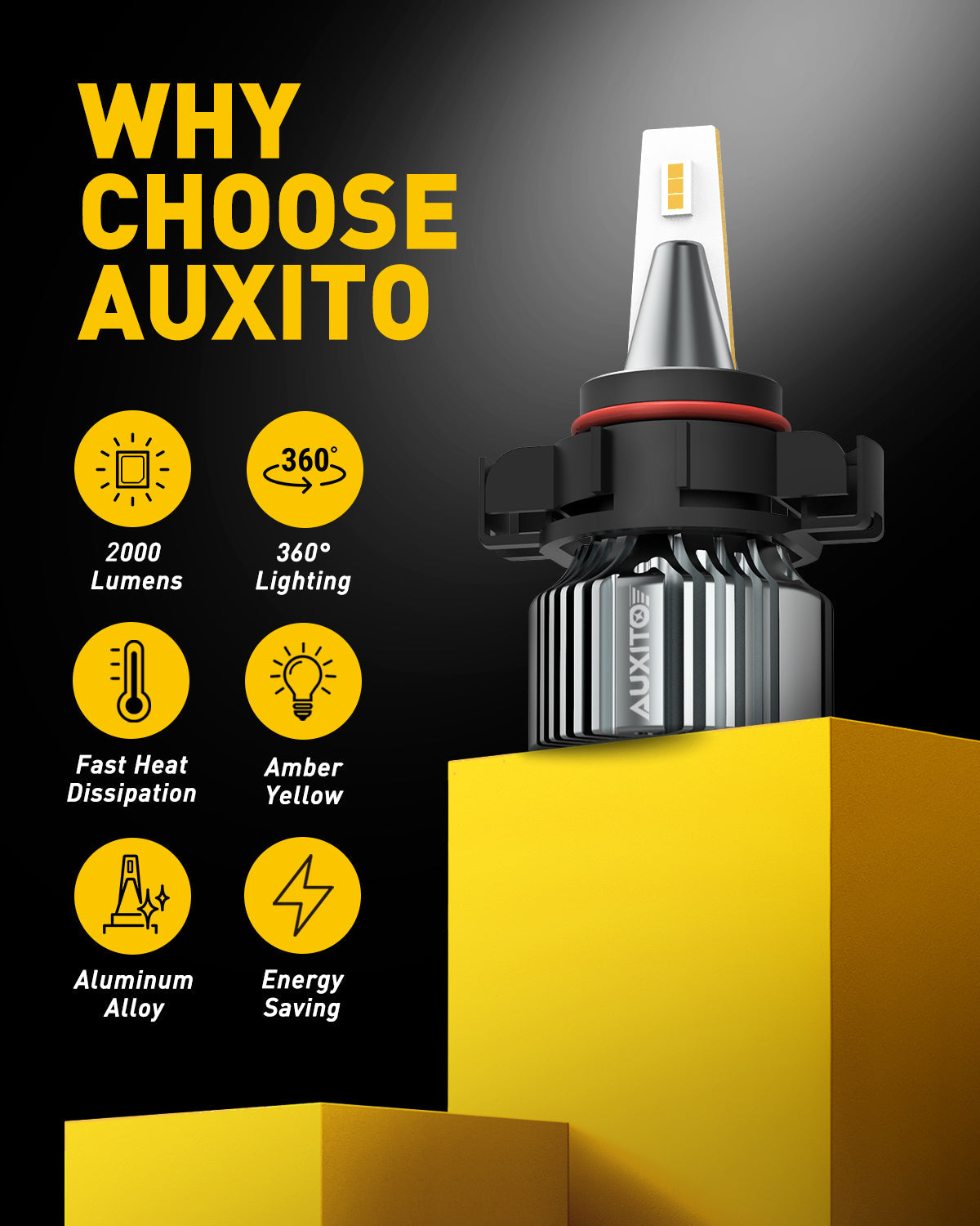 5202 5201 LED Fog Light Bulbs - 3000K Amber Yellow, CSP Chips, 30W 6000 Lumens Per Pair - High Visibility for Rain, Snow & Foggy Driving Conditions