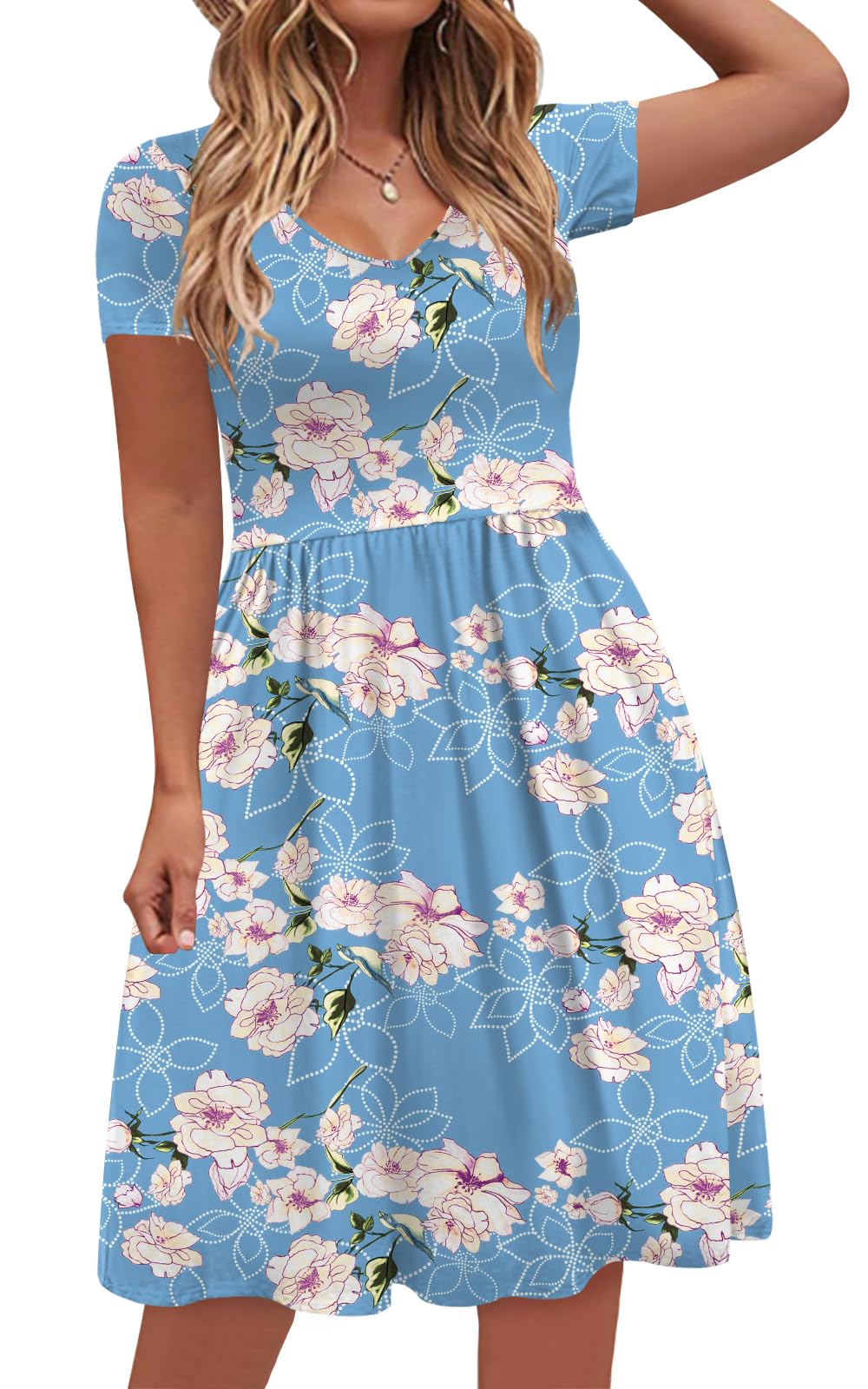 DB MOON Women's Plus Size Summer Casual Dress 2025 - V Neck Short Sleeve Knee Length Dress with Pockets XL | Perfect for Beach Vacation, Outdoor Picnic & Daily Wear