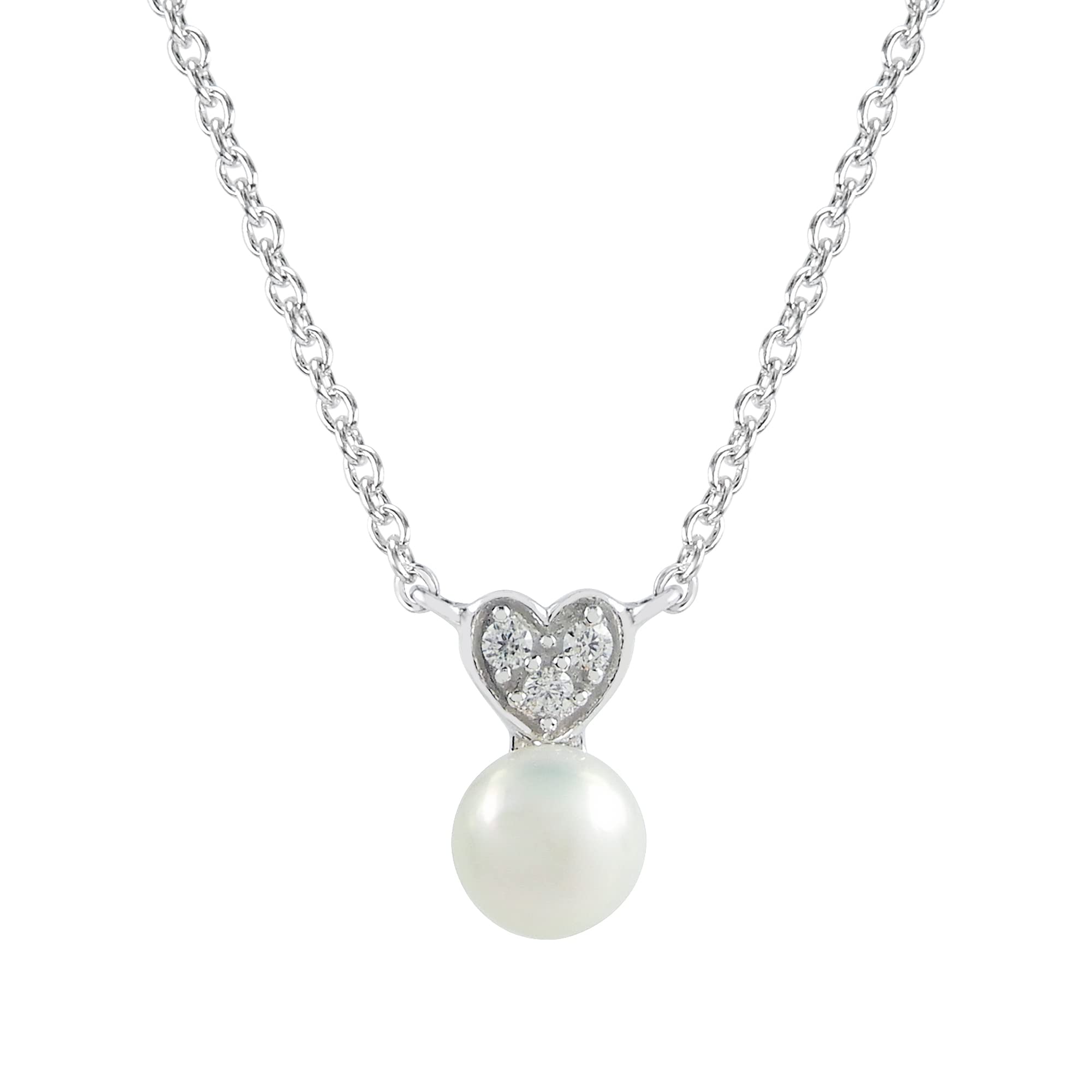 925 Sterling Silver 5mm Cultured Freshwater Pearl & Cubic Zirconia Pendant Necklace - 18