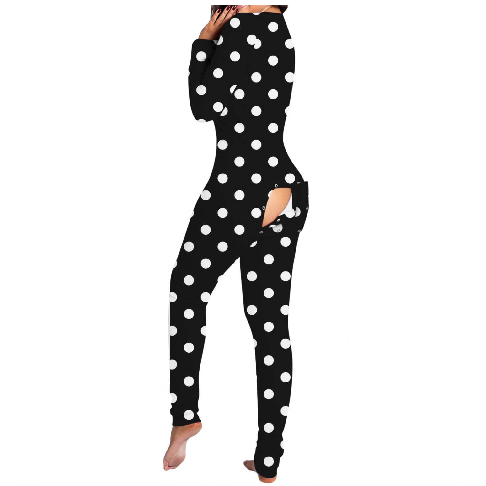 Women's One Piece Pajamas - Long Sleeve Printed Romper with V-Neck & Butt Button Flap | Comfortable Sleepwear for Nightwear, Loungewear & Cosplay (POTO Brand)