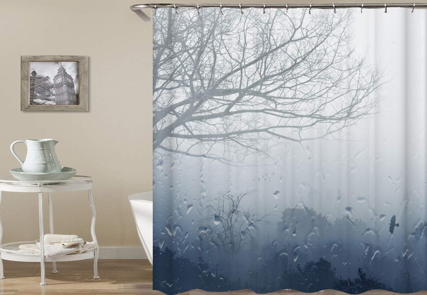 Forest Shower Curtain - Waterproof Polyester Fabric with Unique Raindrop & Mystic Foggy Scenery Design - 72x72 Inches for Bathroom Decor - Perfect for Nature-Inspired & Romantic Home Spa Experience (TP349)