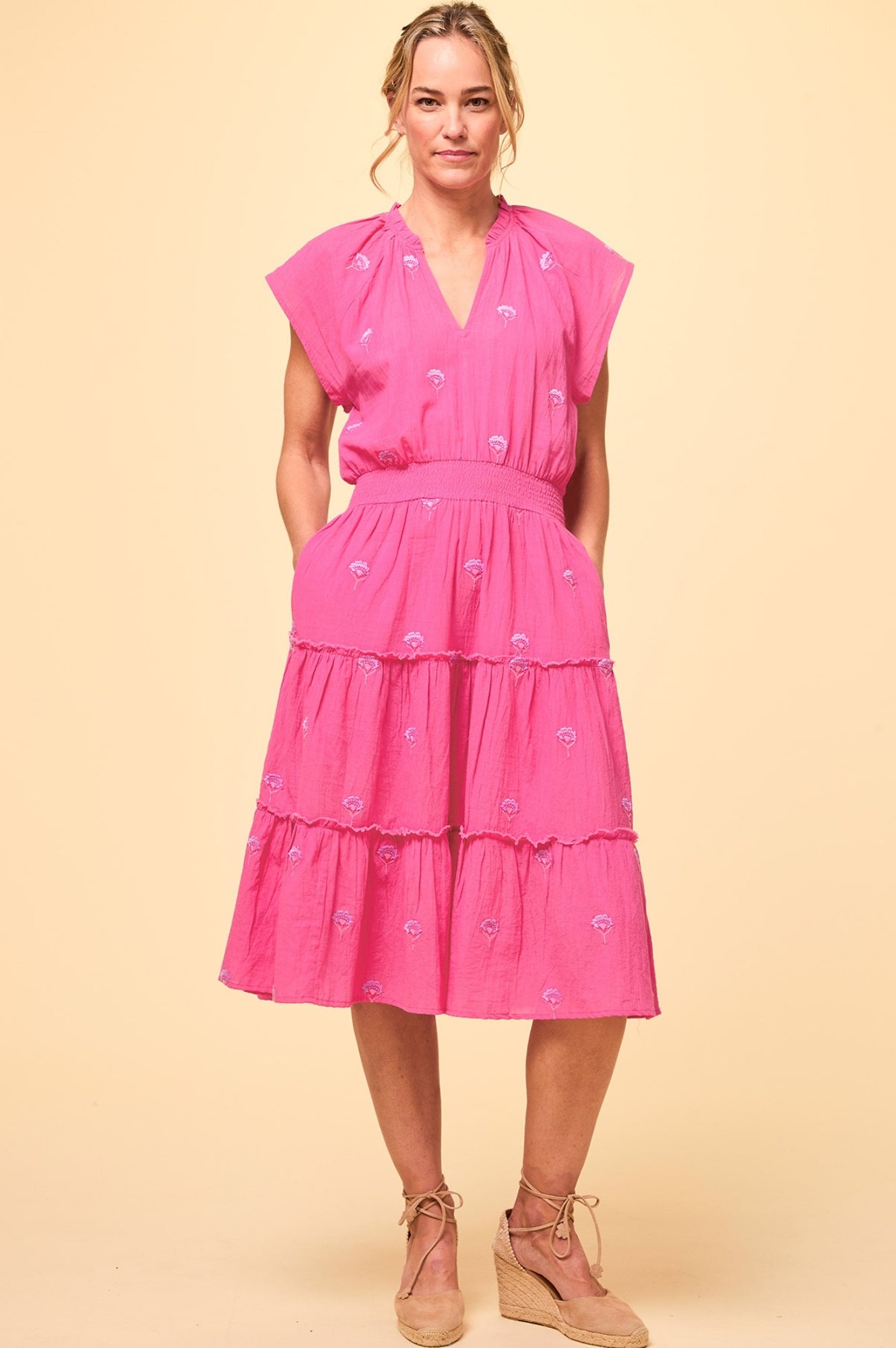 Riley Embroidered Organic Cotton Dress - Strawberry Pink & Lilac Floral Summer Dress for Women | Perfect for Beach Vacations, Garden Parties & Casual Outings
