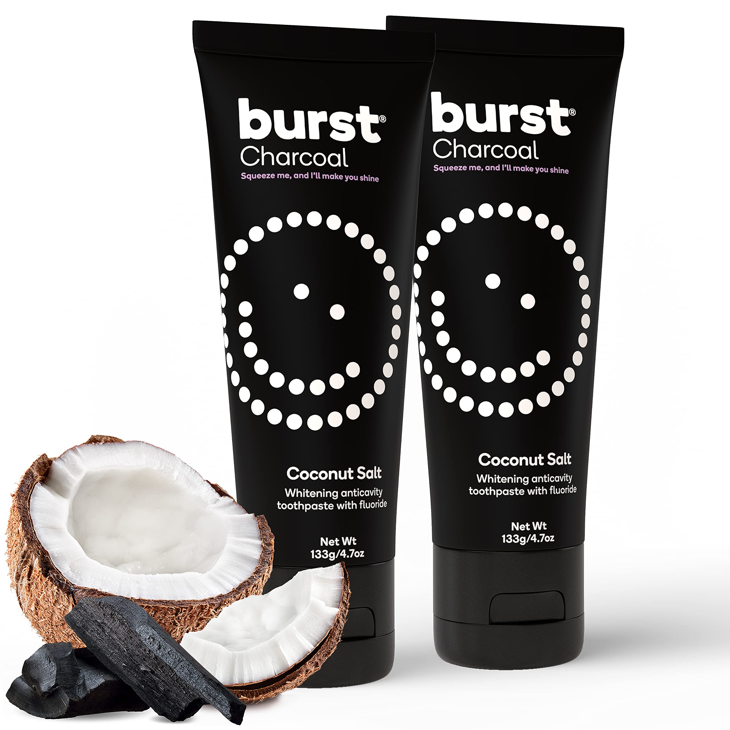 BURST Charcoal Whitening Toothpaste for Adults - Sensitive Teeth, Fluoride & Xylitol for Cavity Protection (4.7oz, 2 Pack) | Vegan, Gluten-Free, SLS-Free | Coconut Salt Flavor | Perfect for Daily Oral Care & Teeth Whitening at Home