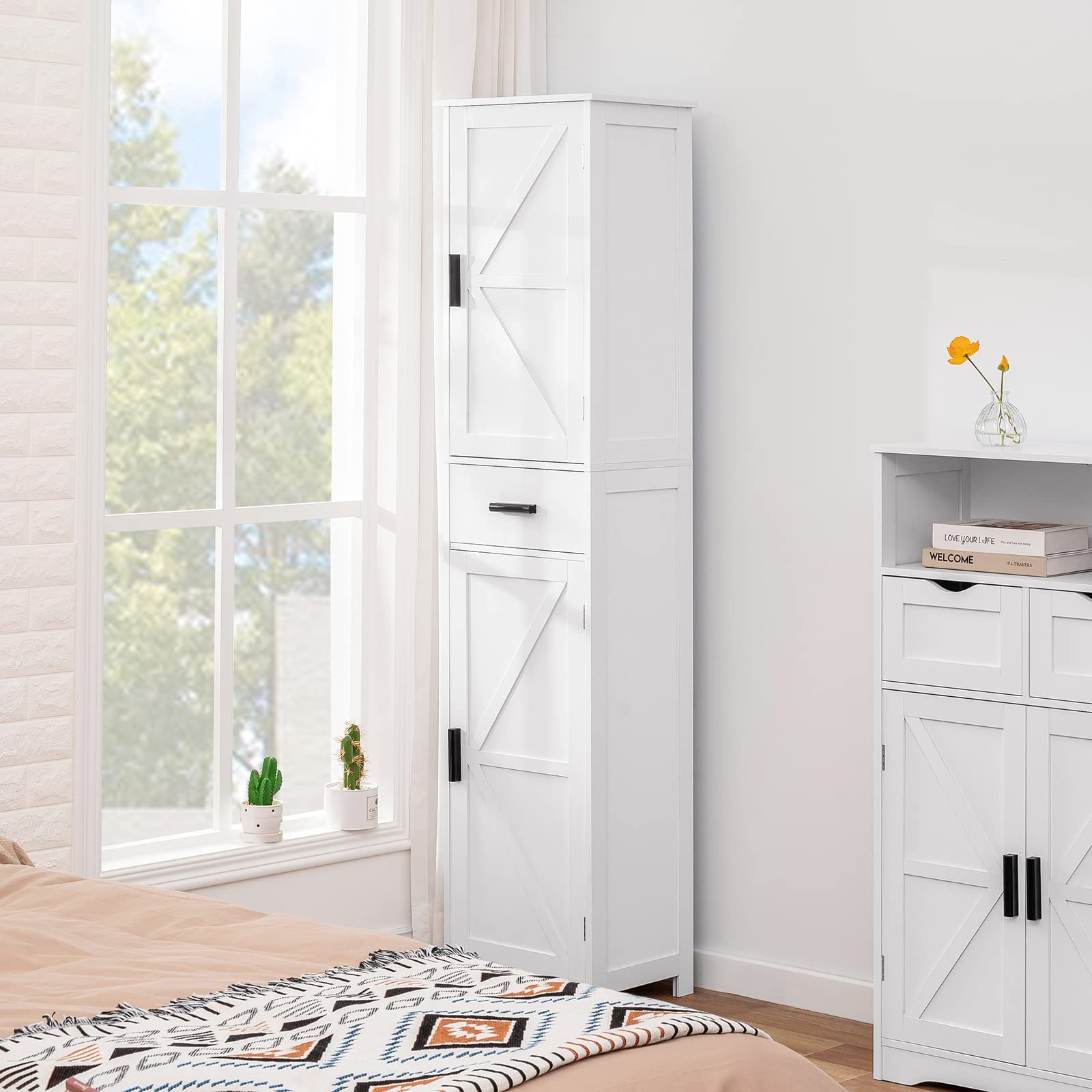 WEENFON 6-Shelf Tall Bathroom Storage Cabinet with Adjustable Shelves & Drawer - White Bathroom Organizer for Towels, Toiletries & Cosmetics - Perfect for Living Room, Home Office & Small Space Organization