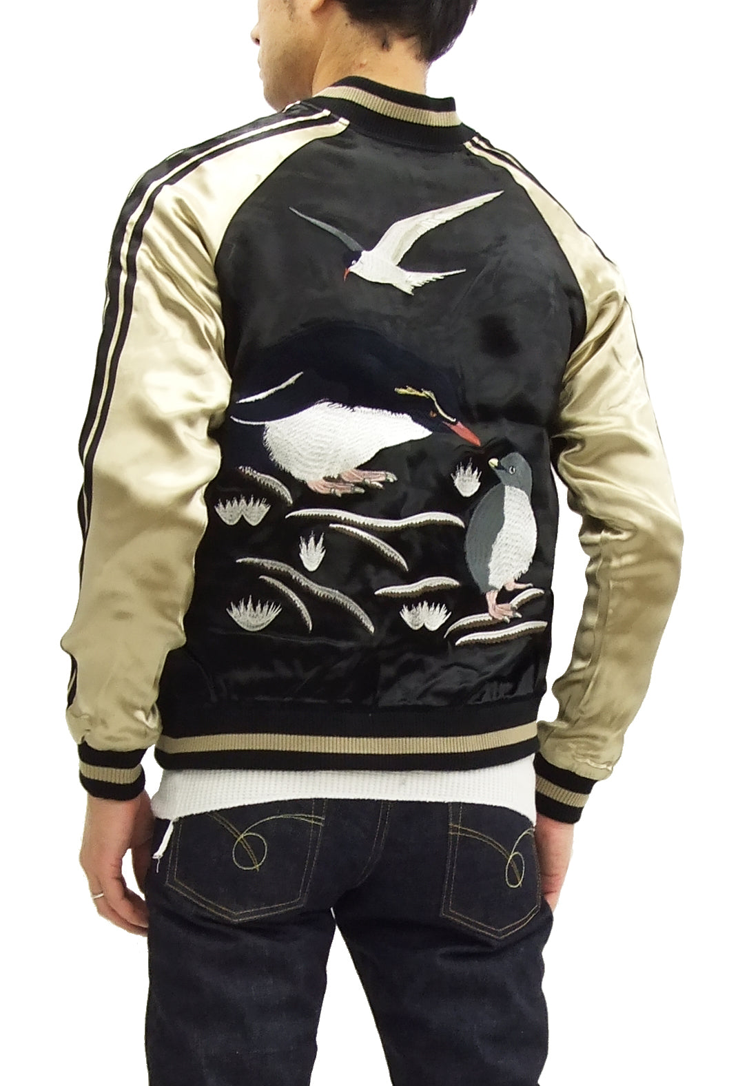 Japanese Souvenir Jacket for Men - Black & Gold Penguin Design Sukajan Bomber | Vintage-Inspired Asian Streetwear | Perfect for Casual Outfits, Cosplay & Urban Fashion