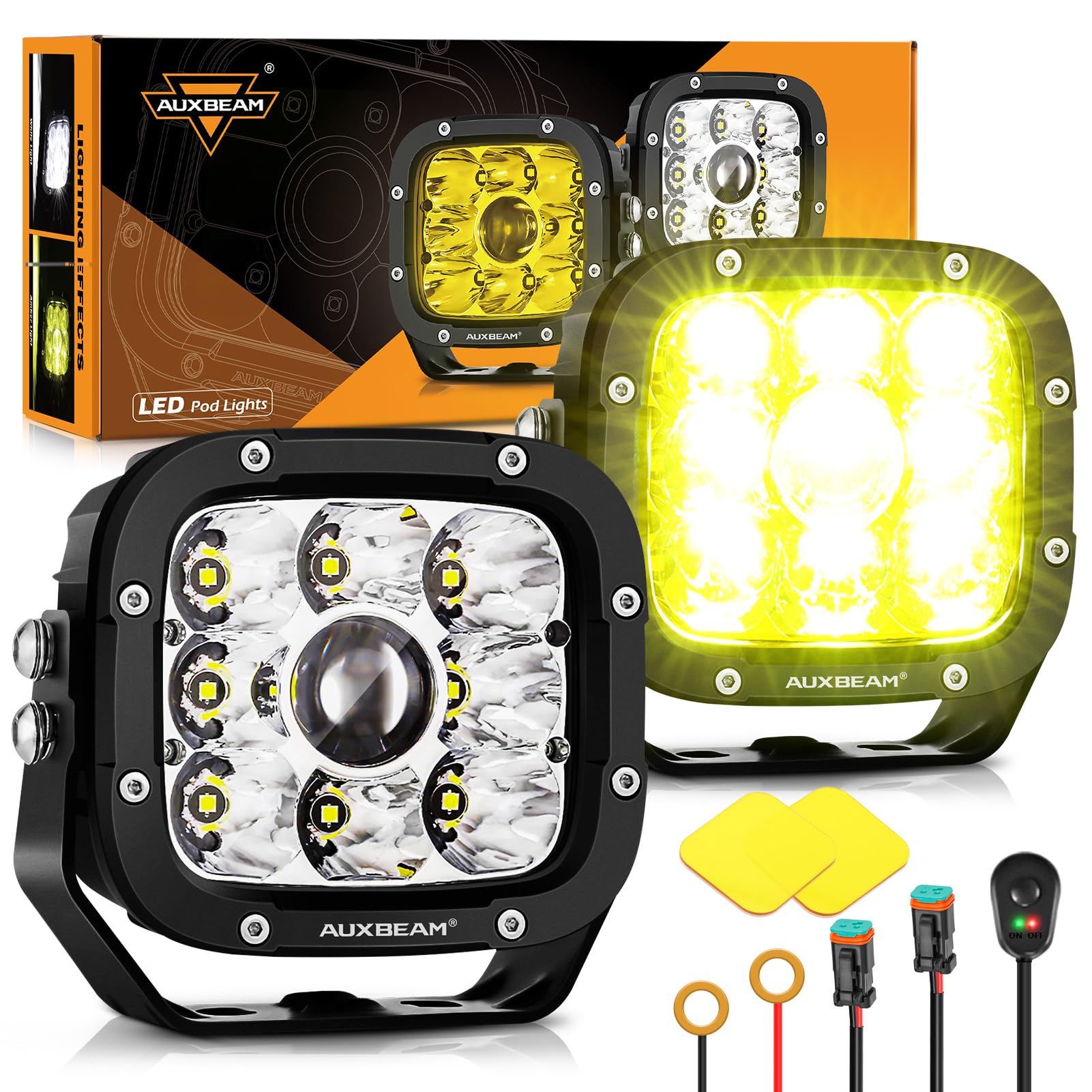 Auxbeam XP-Ultra Series 5 Inch 110W LED Pod Lights - Hyper Spot Beam Cube Offroad Lights with Amber/White Lens Covers - Dual Color Off-Road Amber Fog Spotlight for Trucks, Jeeps & ATVs (Pair) - Perfect for Off-Roading, Camping & Night Driving