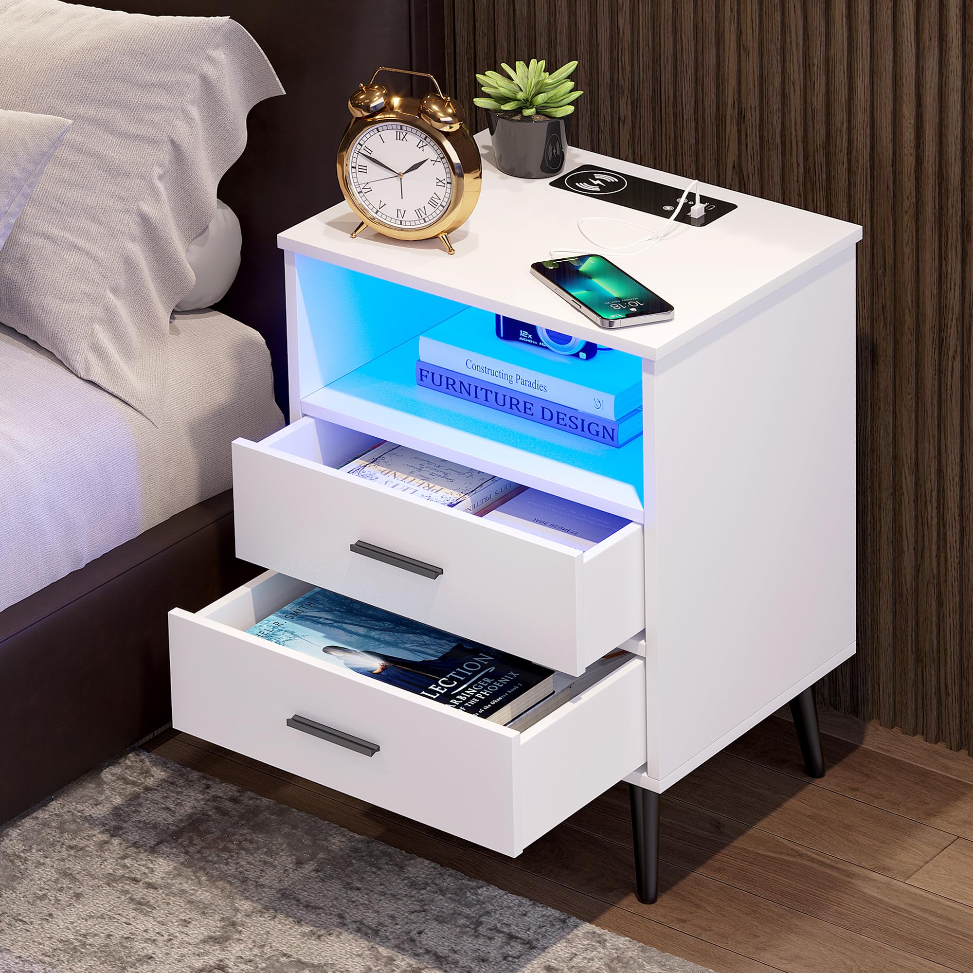 LVSOMT Modern LED Nightstand with USB Charging Station, Dimmable Touch Control & Motion Sensor - White Bedside Table with Drawers & Open Shelves, Metal Legs - Perfect for Bedroom, Guest Room & Small Spaces