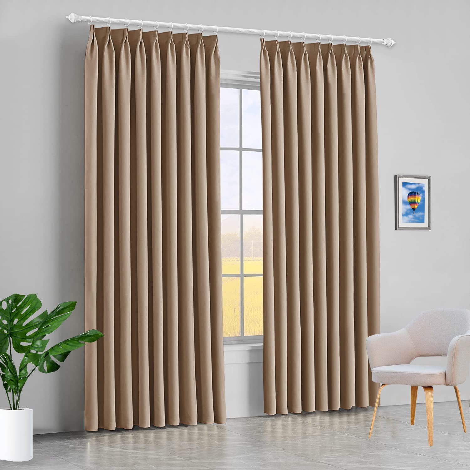 Blackout Double Pinch Pleated Extra Wide Curtains for Living Room & Patio - Sliding Door Thermal Insulated Drapes (Taupe Solid, 100