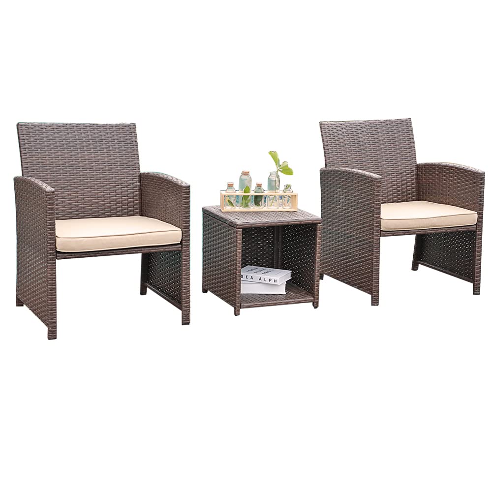 JARDINA 3-Piece Patio Furniture Set - Modern Rattan Outdoor Conversation Set with Storage Coffee Table & Beige Cushions - Perfect for Balcony, Deck, Poolside, Garden, or Backyard Relaxation