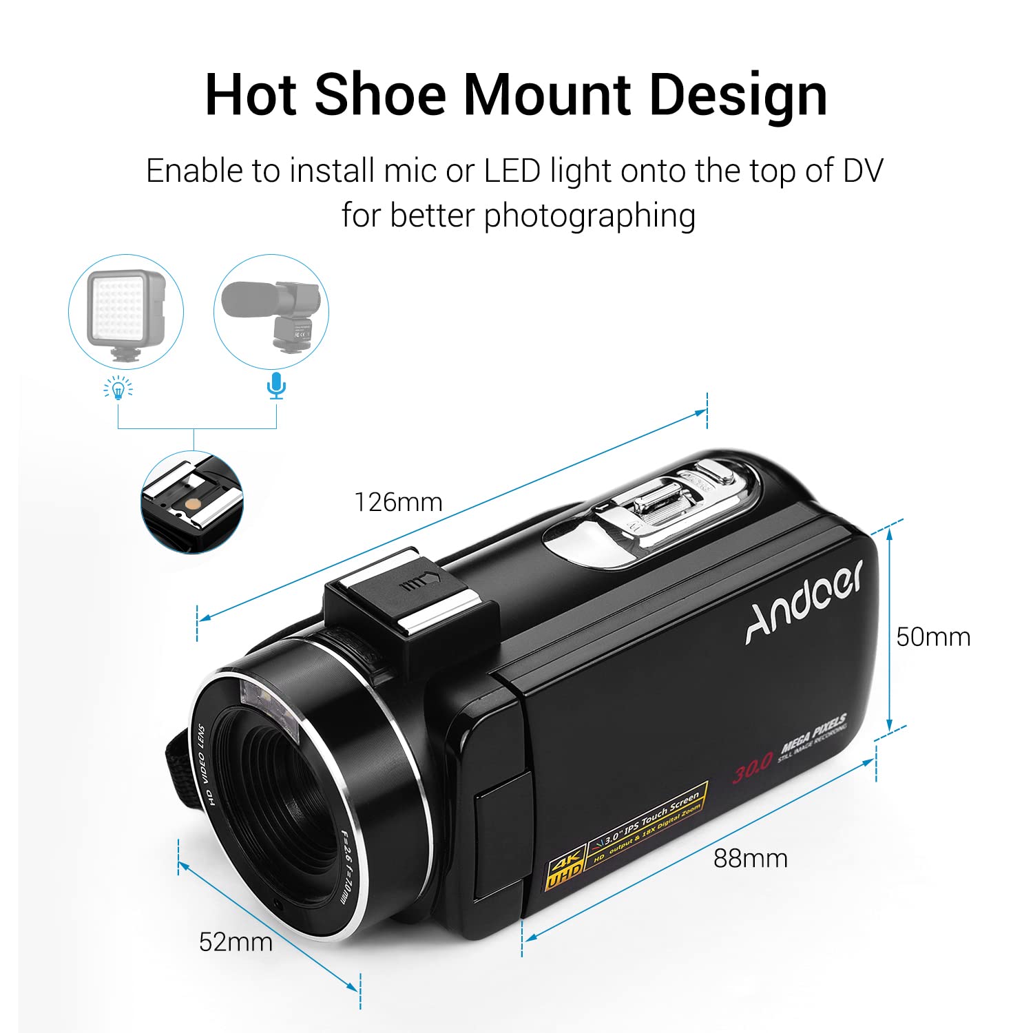 4K Digital Video Camera with 0.45X Wide Angle Lens & Macro - Professional Handheld Camcorder with CMOS Sensor, Stereo Microphone & 3